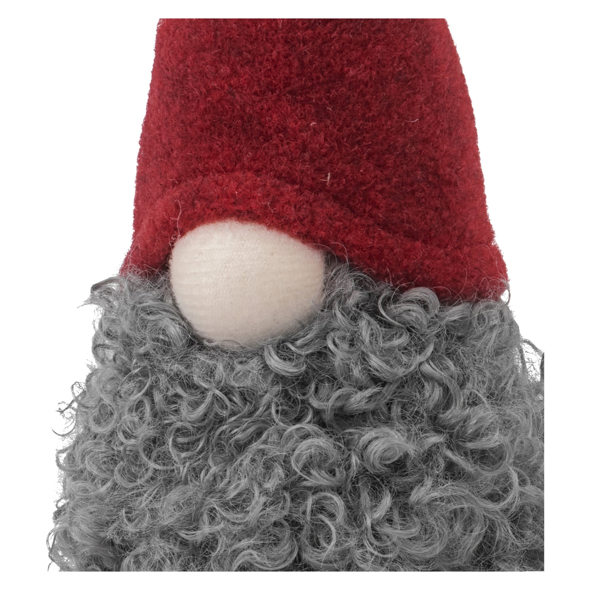 En närbild på EKVIP:s tomtedocka som bär en hög röd hatt som döljer ögonen, och visar bara en rund beige näsa och ett långt, lockigt grått skägg.