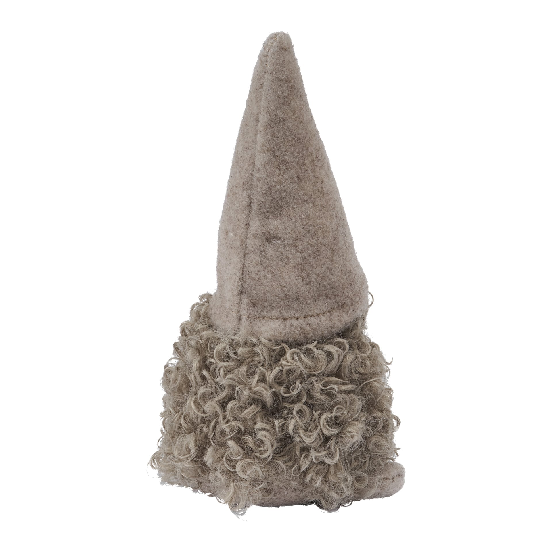 En liten dekorativ tomtefigur av EKVIP, utmärkande av sin höga, spetsiga beige hatt och ett tjockt, lockigt ylleskägg som täcker ansiktet.