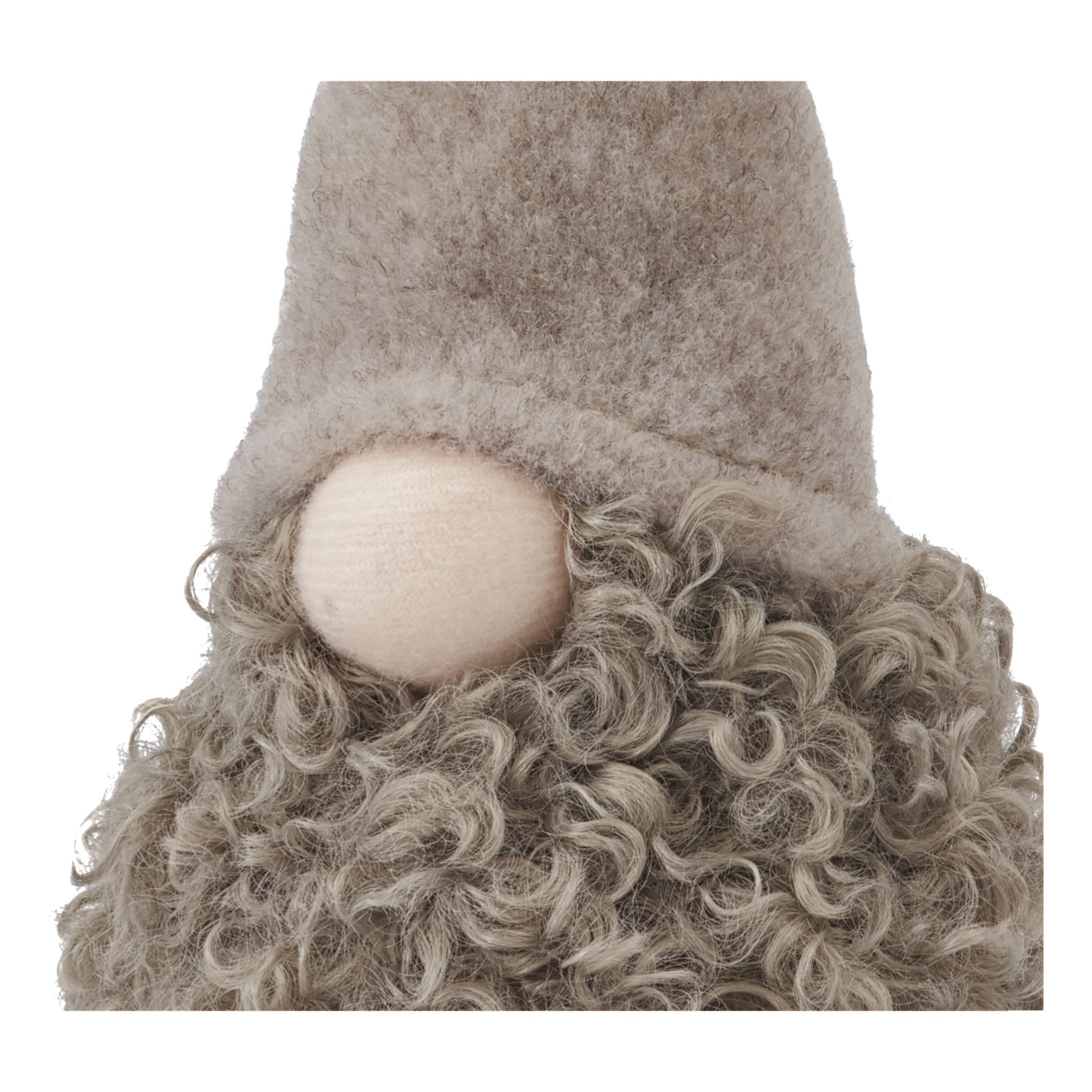 En EKVIP-tomtefigur med en hög, fluffig brun hatt, rund tygnäsa och lockigt ljusbrunt skägg. Ögonen täcks av hatten.