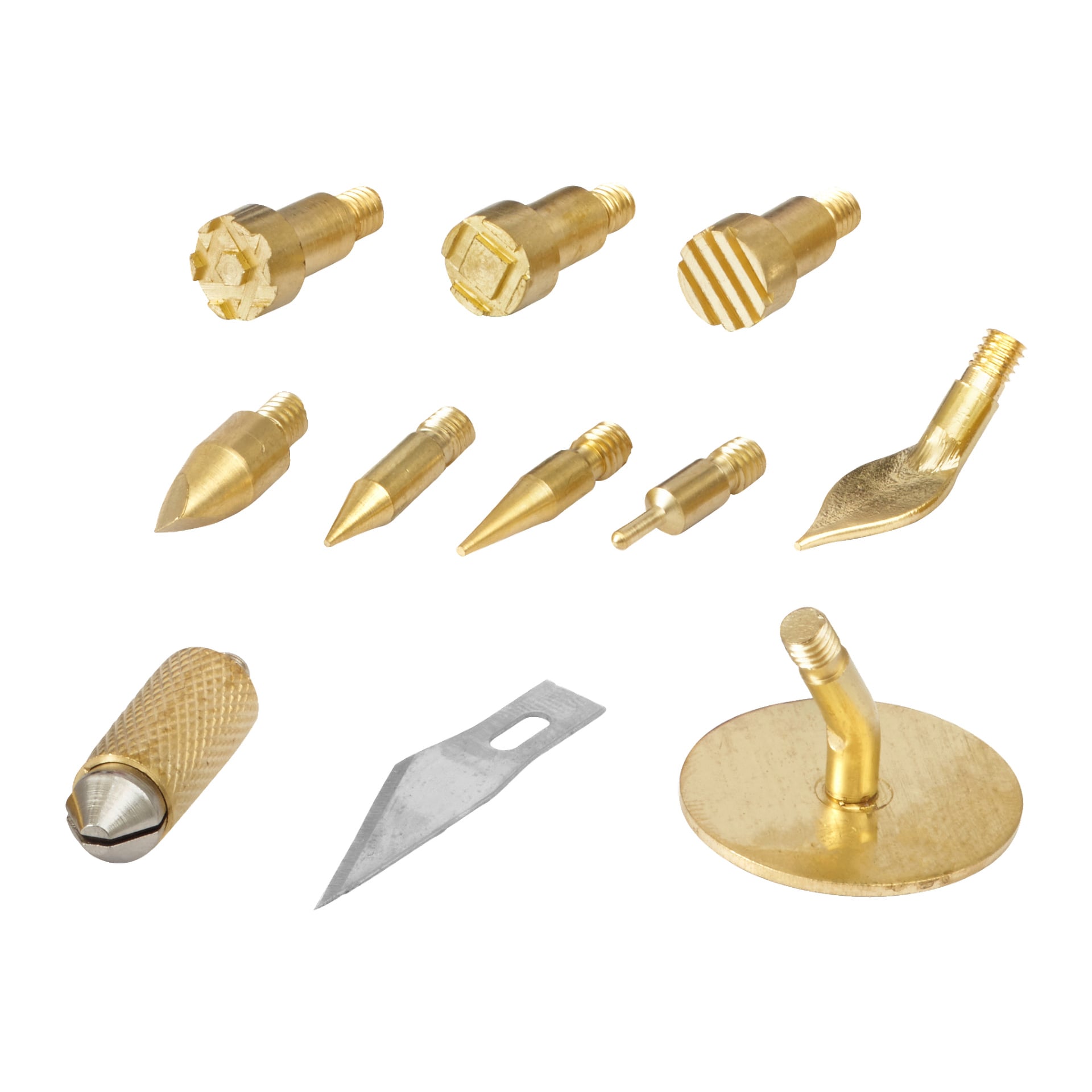 Ett 13-delat Meec Tools Pyrography-kit, inklusive olika mässingsverktygstips i unika former, ett metallblad och en mässingsskiva – allt designat med olika gängor för enkel fästning.