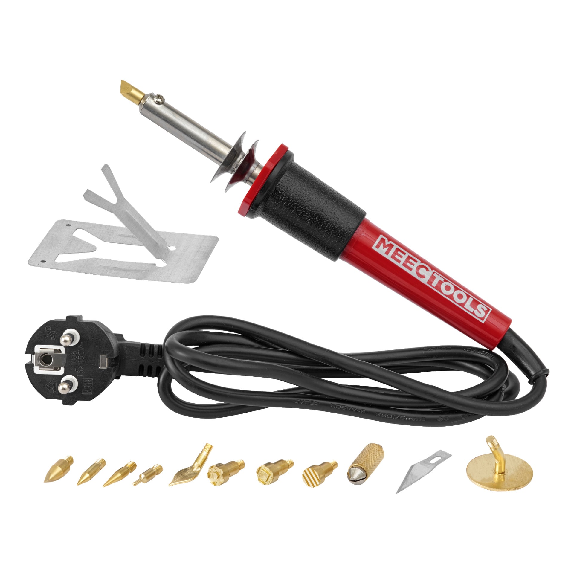 "Meec Tools" 13-delade pyrografikit inkluderar ett elektriskt verktyg med rött handtag och svart sladd, flera utbytbara spetsar, ett metallstativ och en europeisk kontakt, allt arrangerat tillsammans.
