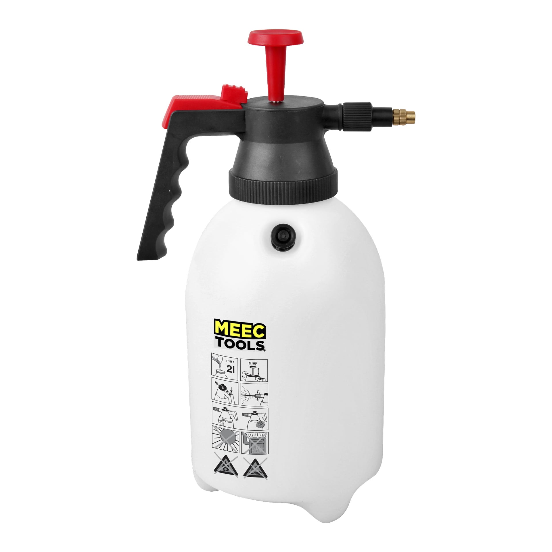 En Meec Tools spraypistol med en 2-liters vit plastbehållare, svart handtag och röd pump. Illustrerade instruktioner visas på framsidan, och det justerbara munstycket är utformat för exakt applicering.