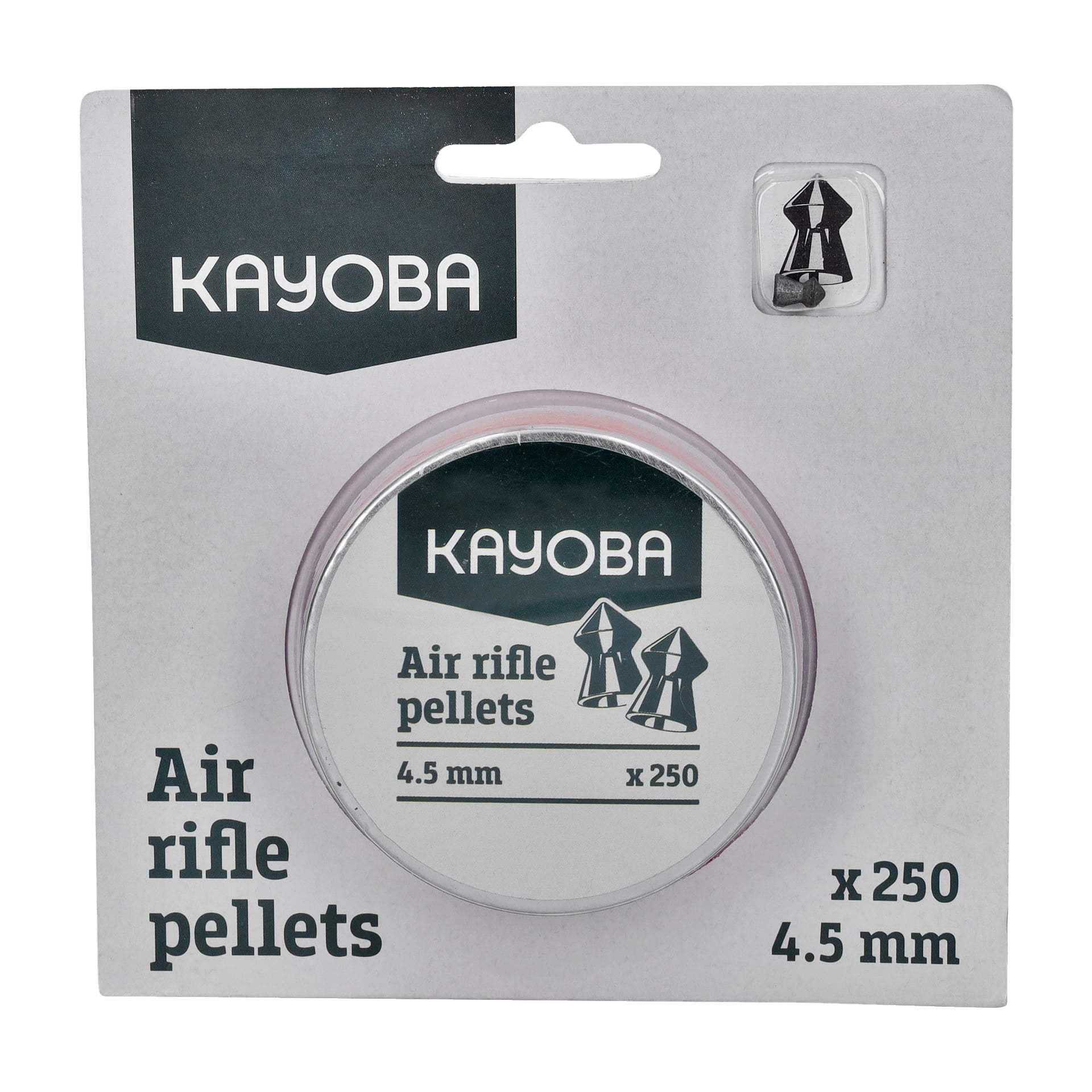 En vit och grön låda märkt Kayoba Air rifle pellets 250 pack innehåller en rund burk med kulor, som har ett litet transparent fönster där en kula syns.