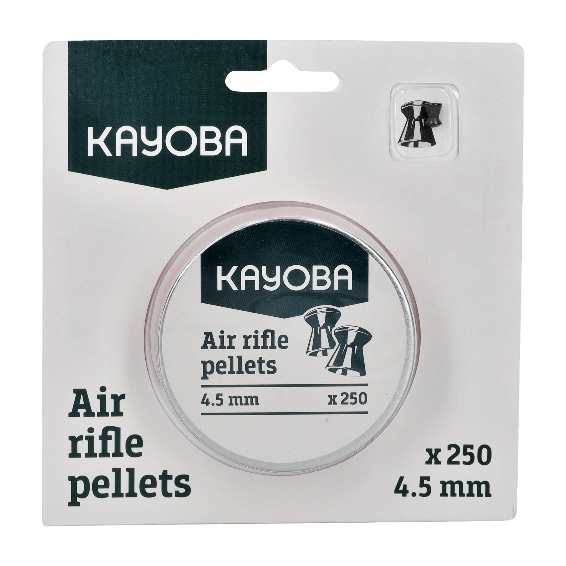 Ett Kayoba Air Gun Pellets 250-paket, med en rund burk inuti, visas med vit förpackning accentuerad av grön text och illustrationer av tre kulor.
