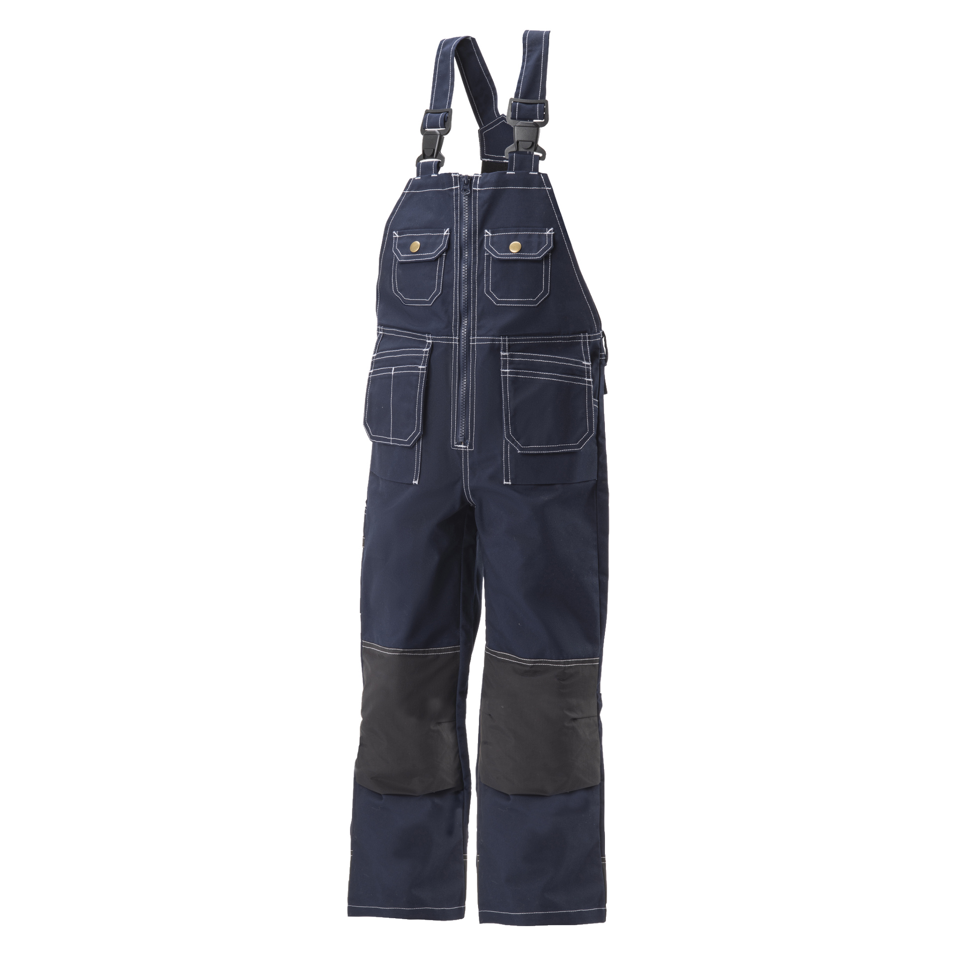 Bluewear marinblå haklapp och skydd för barn med vit söm, flera framfickor, justerbara axelremmar, dragkedja fram och förstärkta svarta knälappar.