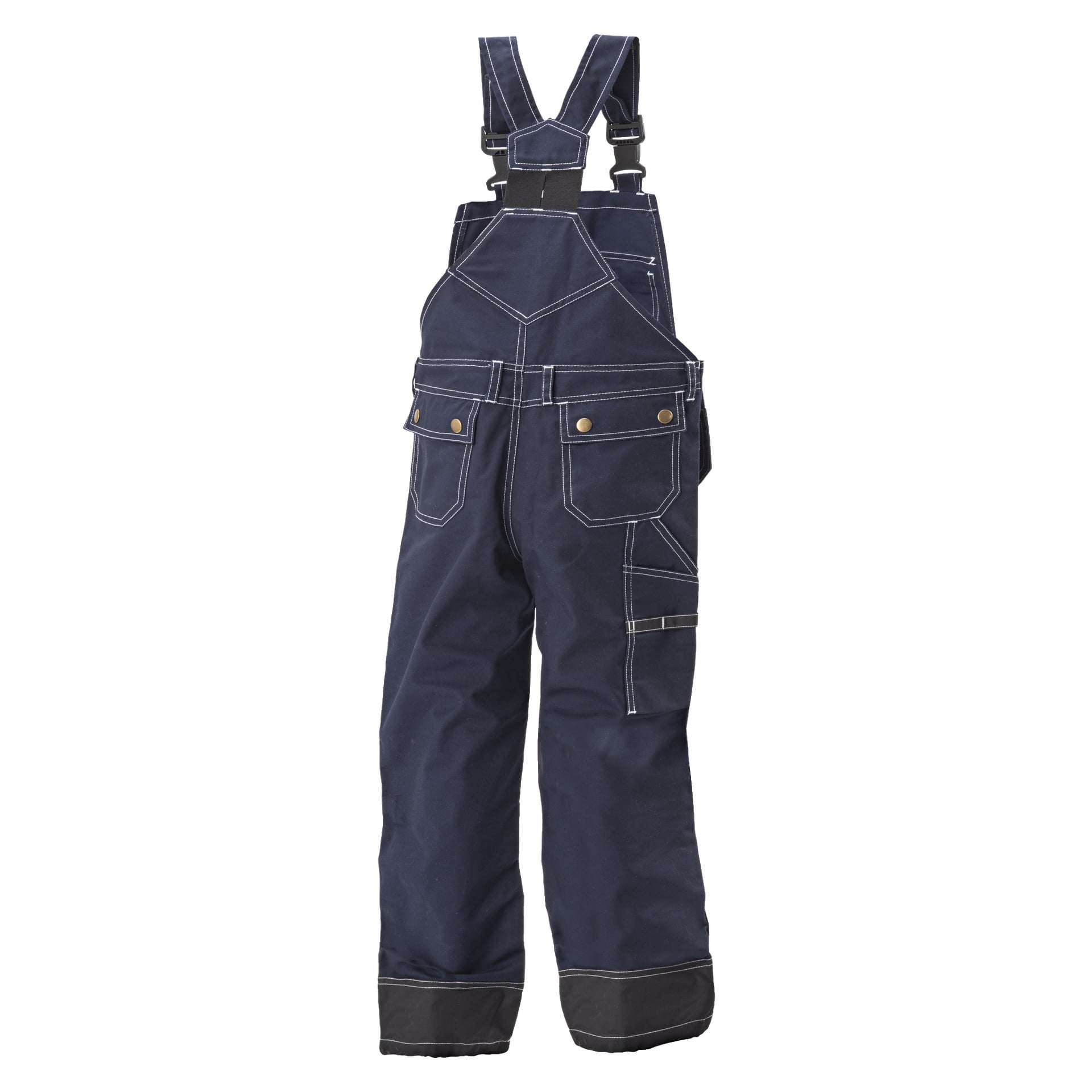 Bluewear barnbyxor i marinblått med vita sömmar, flera fickor, knappar i messing och justerbara axelremmar. Plagget visas upprätt.