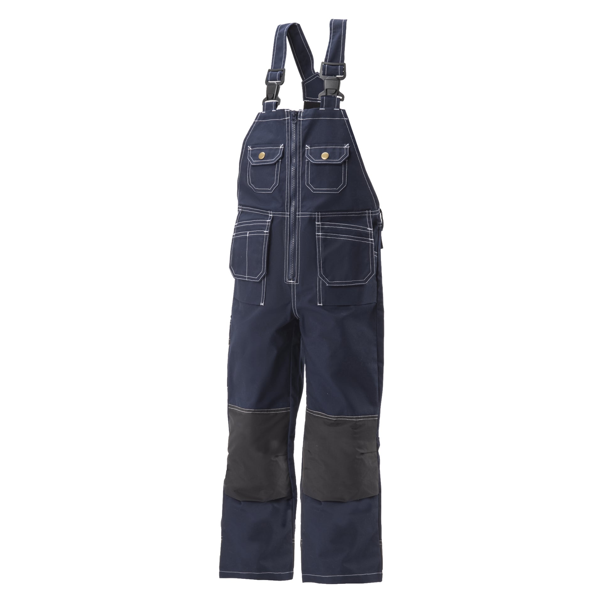 Barnens Bluewear-haklapp och ortoser i mörkblått med vita sömmar, dragkedja framtill, justerbara axelremmar, flera fickor på bröst och ben samt svarta förstärkta lappar på knäna.