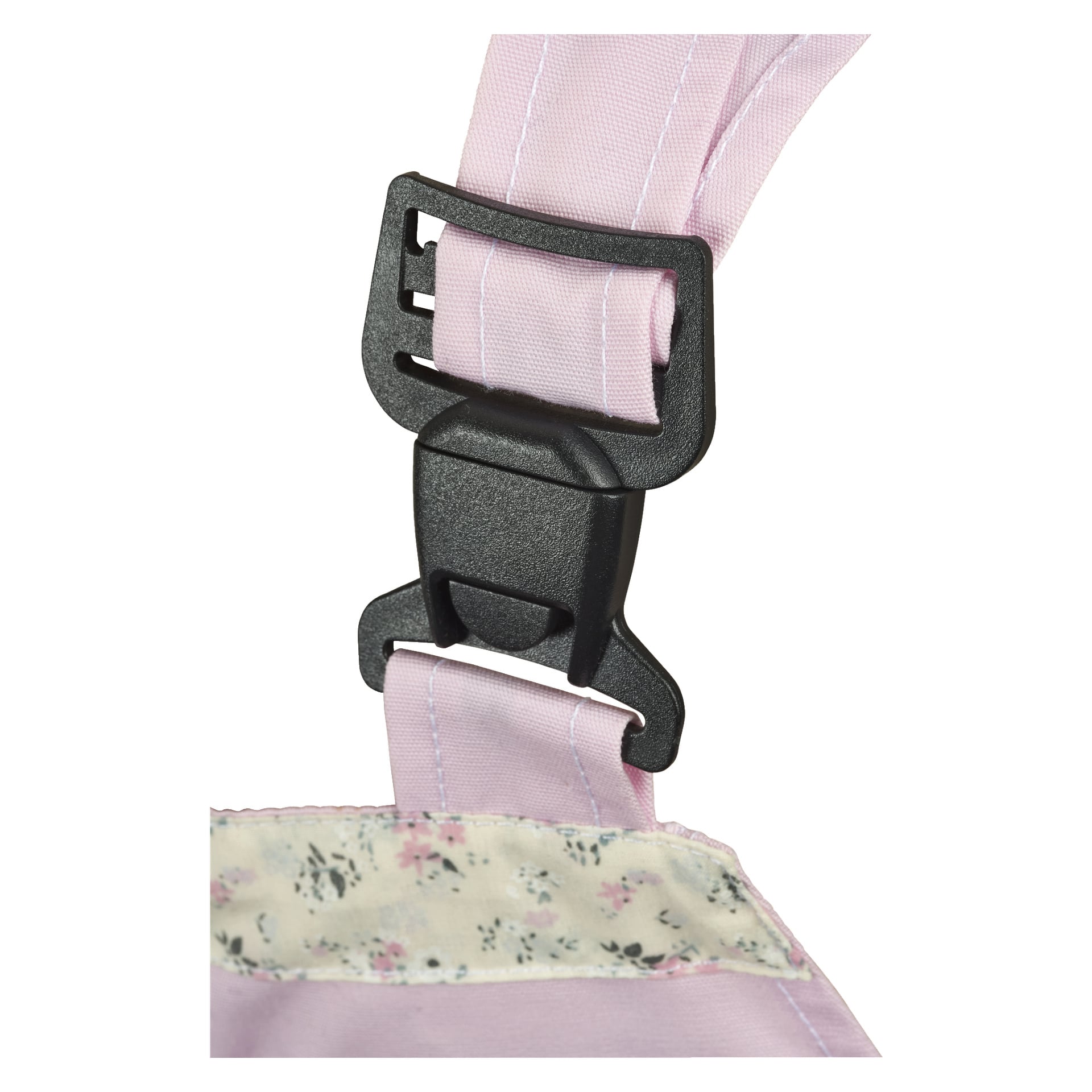 Detaljerad närbild av ett svart plastspänne som håller fast två rosa remmar på Bluewear Children's haklapp och tandställning, med ett blommönstrat tyg synligt vid nedre kanten.