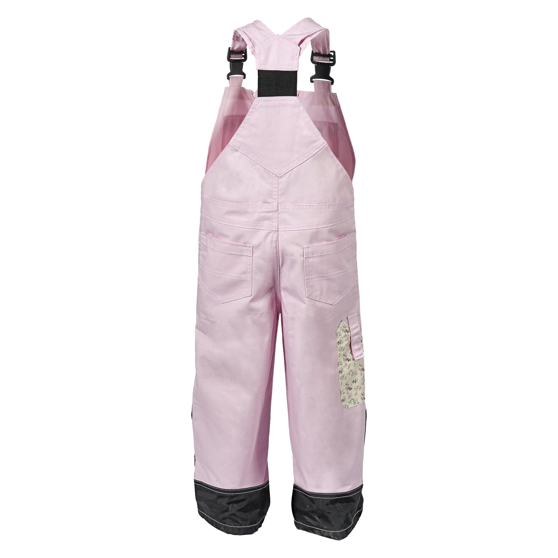 Bluewear barns haklapp och hängseloverall i ljusrosa, med svarta justerbara axelremmar, bakfickor och förstärkt svart tyg vid muddarna. Det finns en blommönstrad fläck på höger ben. Overallerna visas bakifrån.