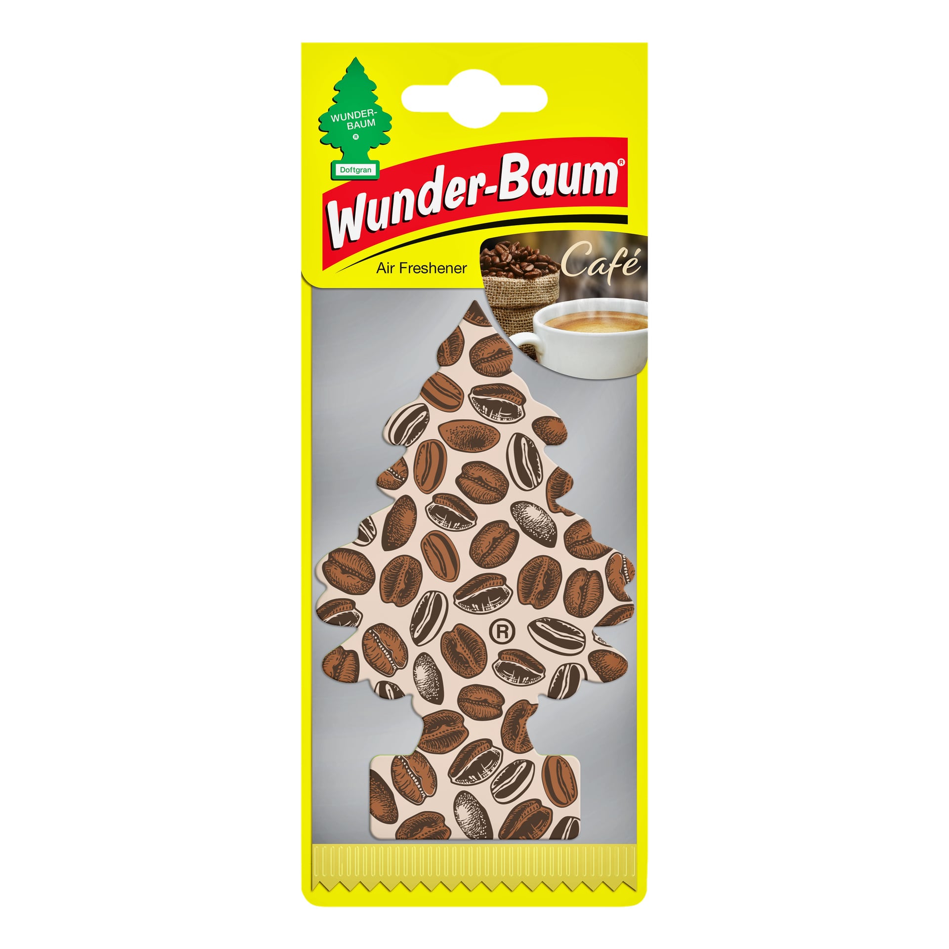 En Wunder Baum Café billuftfräschare i form av en tall, dekorerad med bilder av kaffebönor. Förpackningen är gul och visar en kaffekopp bredvid ordet "Café."