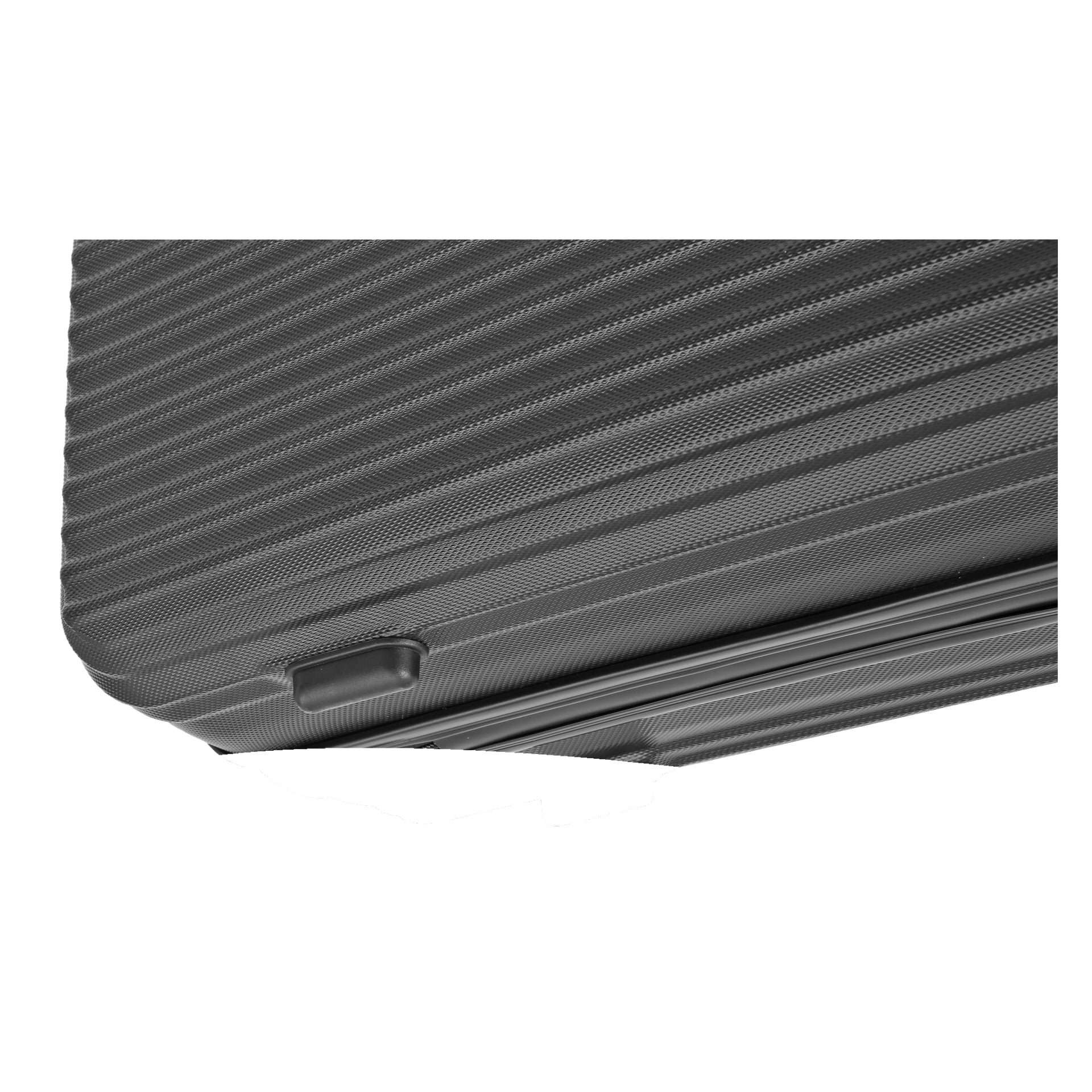 Detaljerad vy av en svart Kayoba-resväska med ett robust hårt skal, som visar dess texturerade, räfflade design. Fokus ligger på två plastskydd i hörnen och en delvis synlig dragkedja, fångad från en vinkel som framhäver resväskans kant.