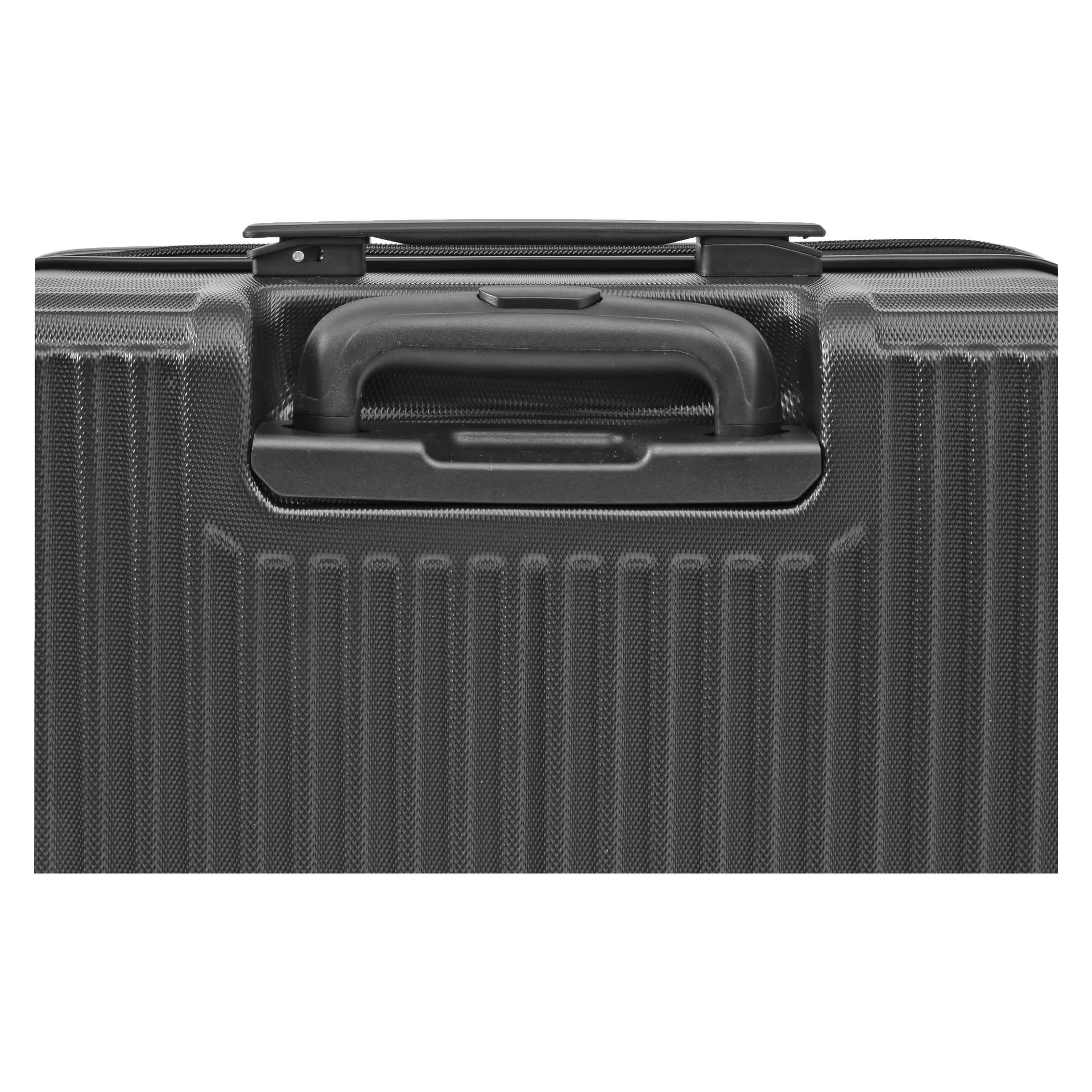 Närbild av Kayoba Suitcase handtag, som visar en svart hårdskalsdesign med räfflad, texturerad yta och en springa för det infällbara handtaget. Resväskan är tillverkad av robust, lätt plast eller polykarbonat.