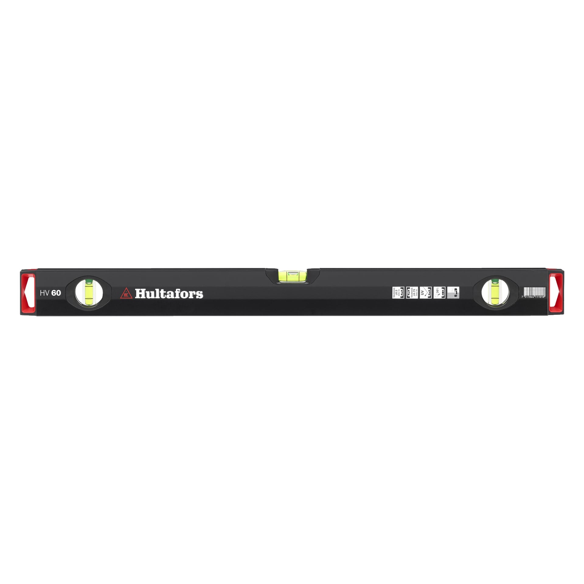 Hultafors Spirit level HV 60 z trzema fiolkami bąbelkowymi do precyzyjnych pomiarów poziomych i pionowych, czerwonymi końcówkami oraz białymi etykietami.