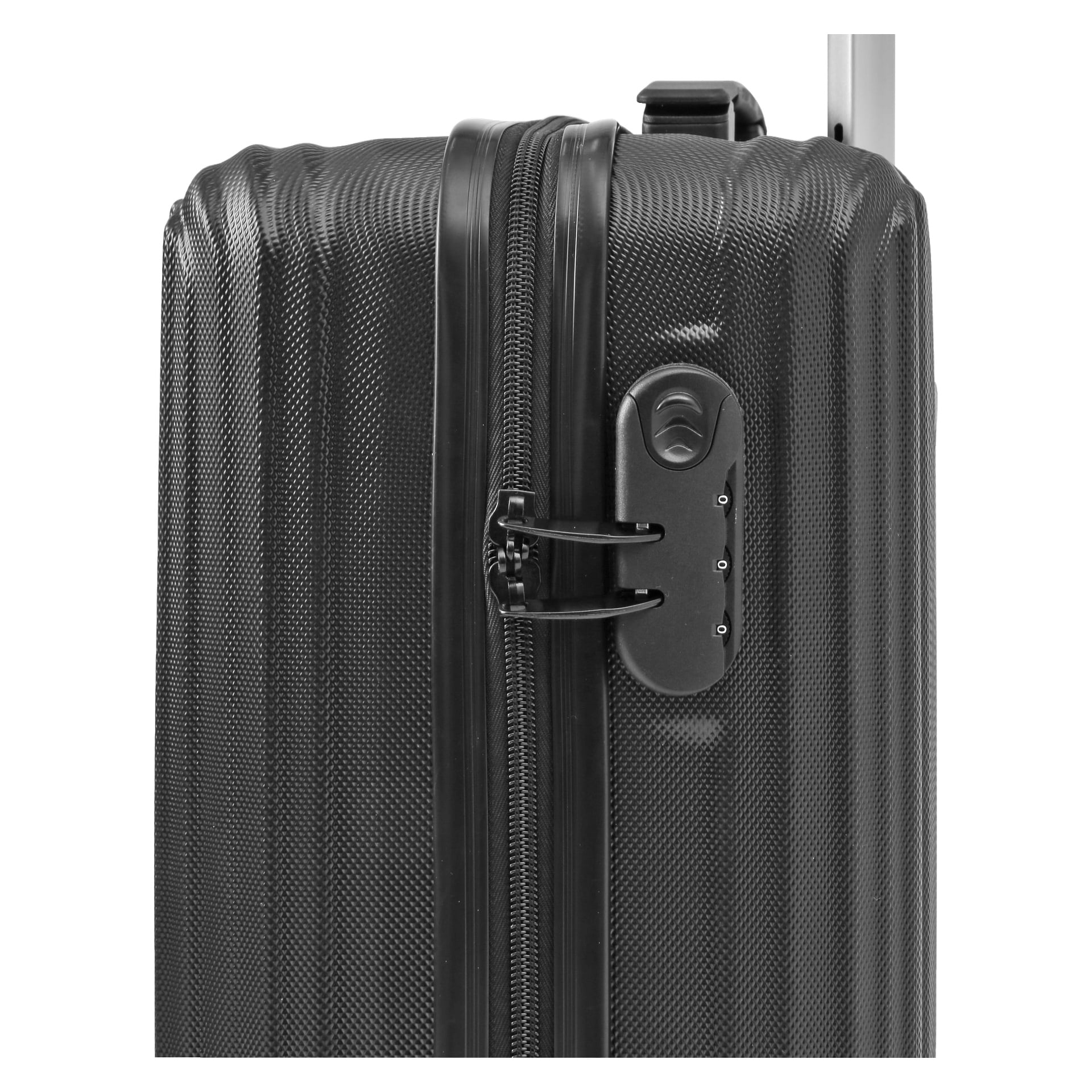 Närbild på det övre hörnet av en Kayoba Flight-resväska, som visar dess svarta texturerade hårda skalsdesign, synlig dragkedja, tresiffrigt kombinationslås och ett metalliskt teleskophandtag.