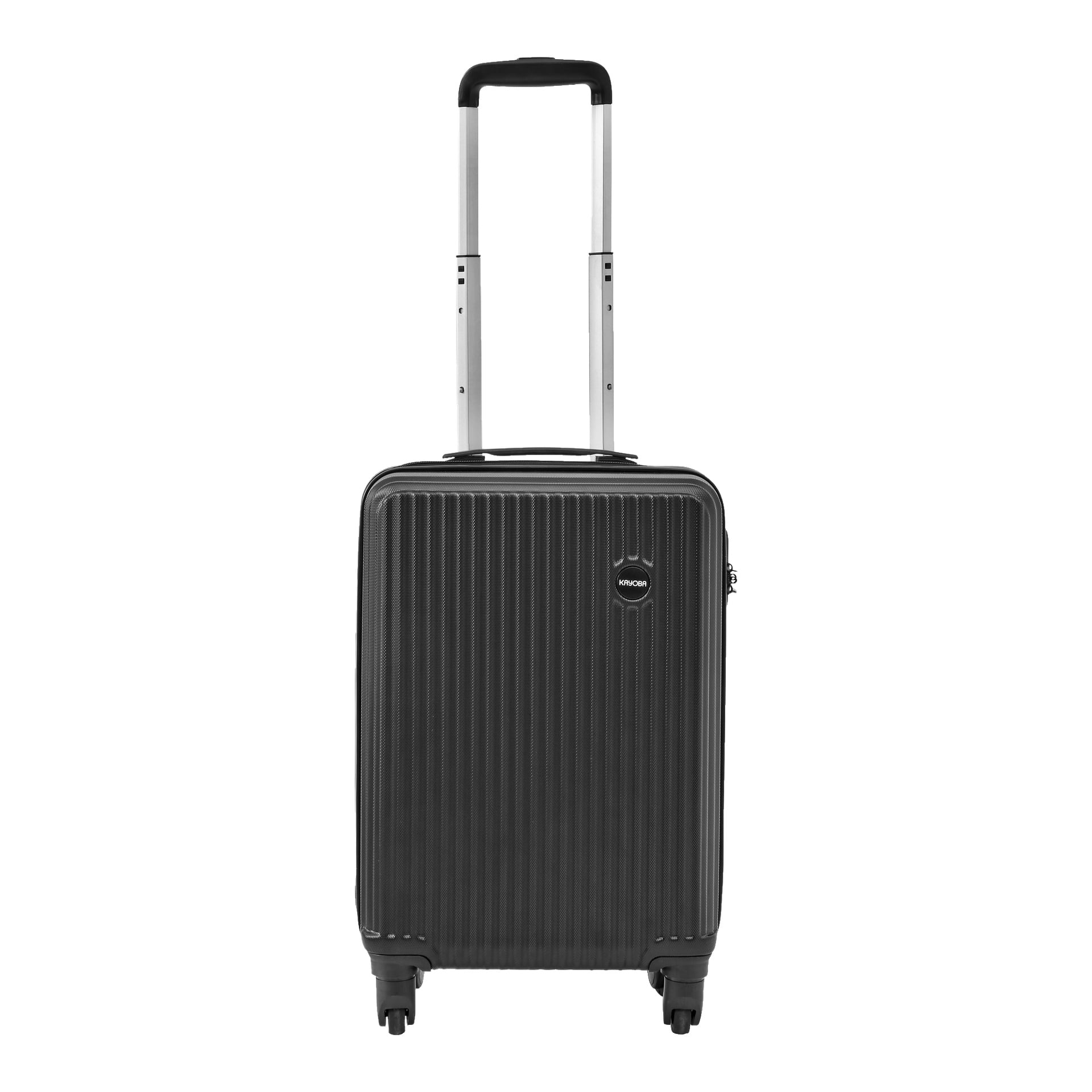 En svart hårdskalsresväska kallad Flight bag av Kayoba, designad med vertikala åsar, fyra hjul, ett förlängt teleskopiskt handtag och en diskret varumärkeslogotyp.