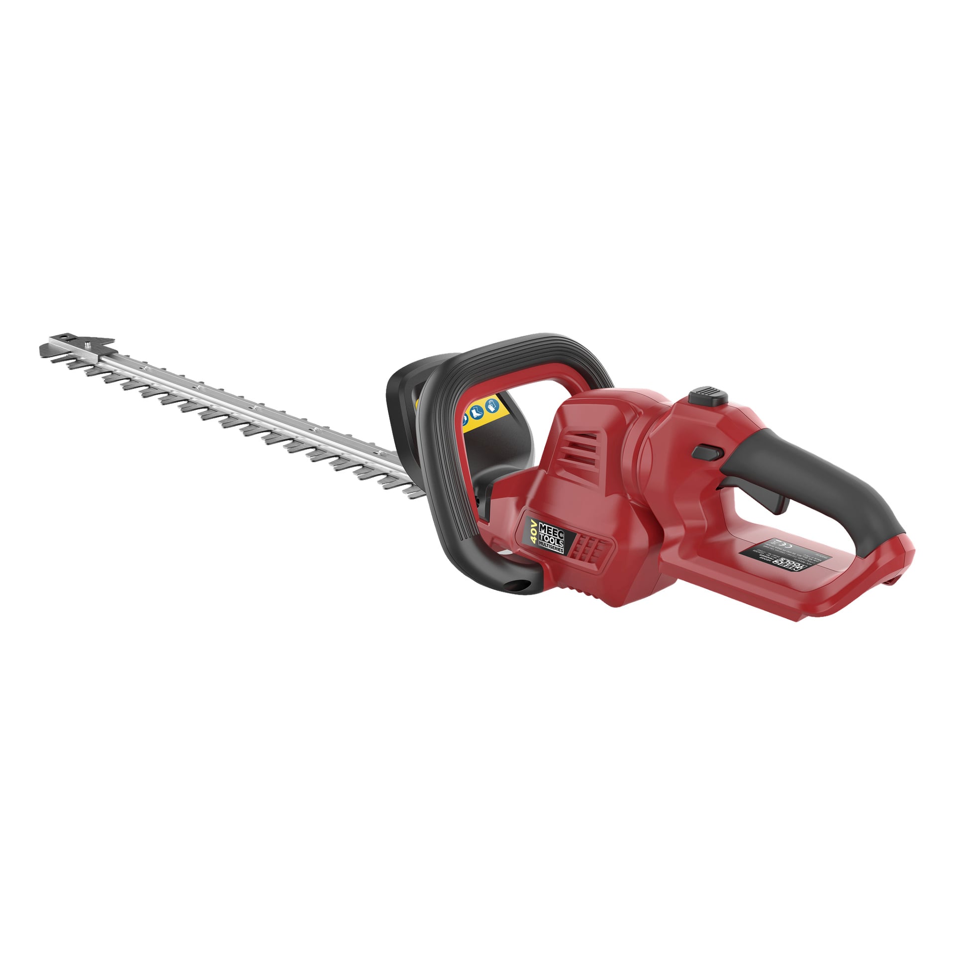 En röd och svart häcksax driven av batteri, med ett långt silverblad, ett svart säkerhetshandtag och ett strukturerat grepp. Sidan visar varumärket Meec Tools Multiseries 40 V.