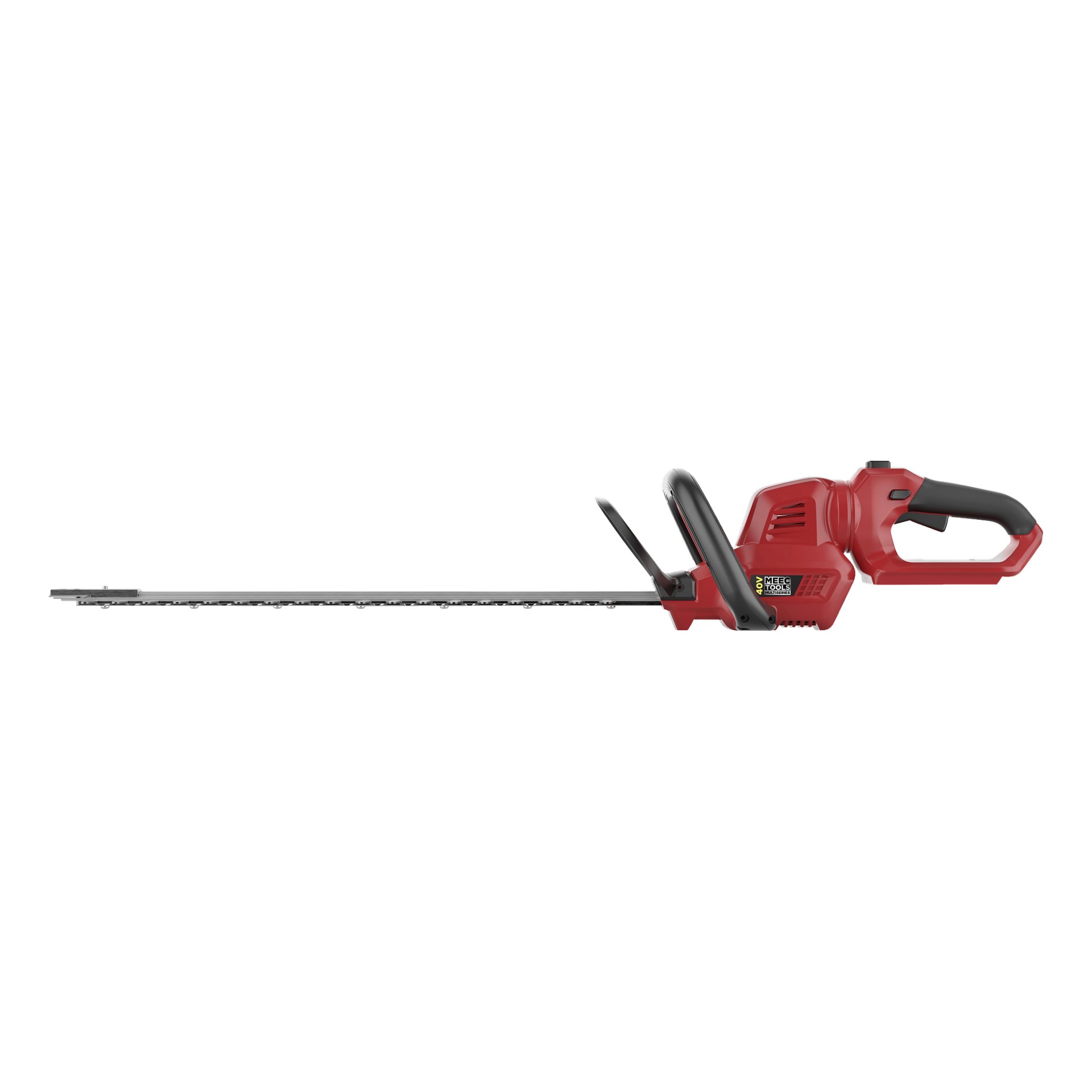 En Meec Tools Multiseries 40 V sladdlös häcksax visas från sidan, med ett långt silverblad och ett svart handtag.
