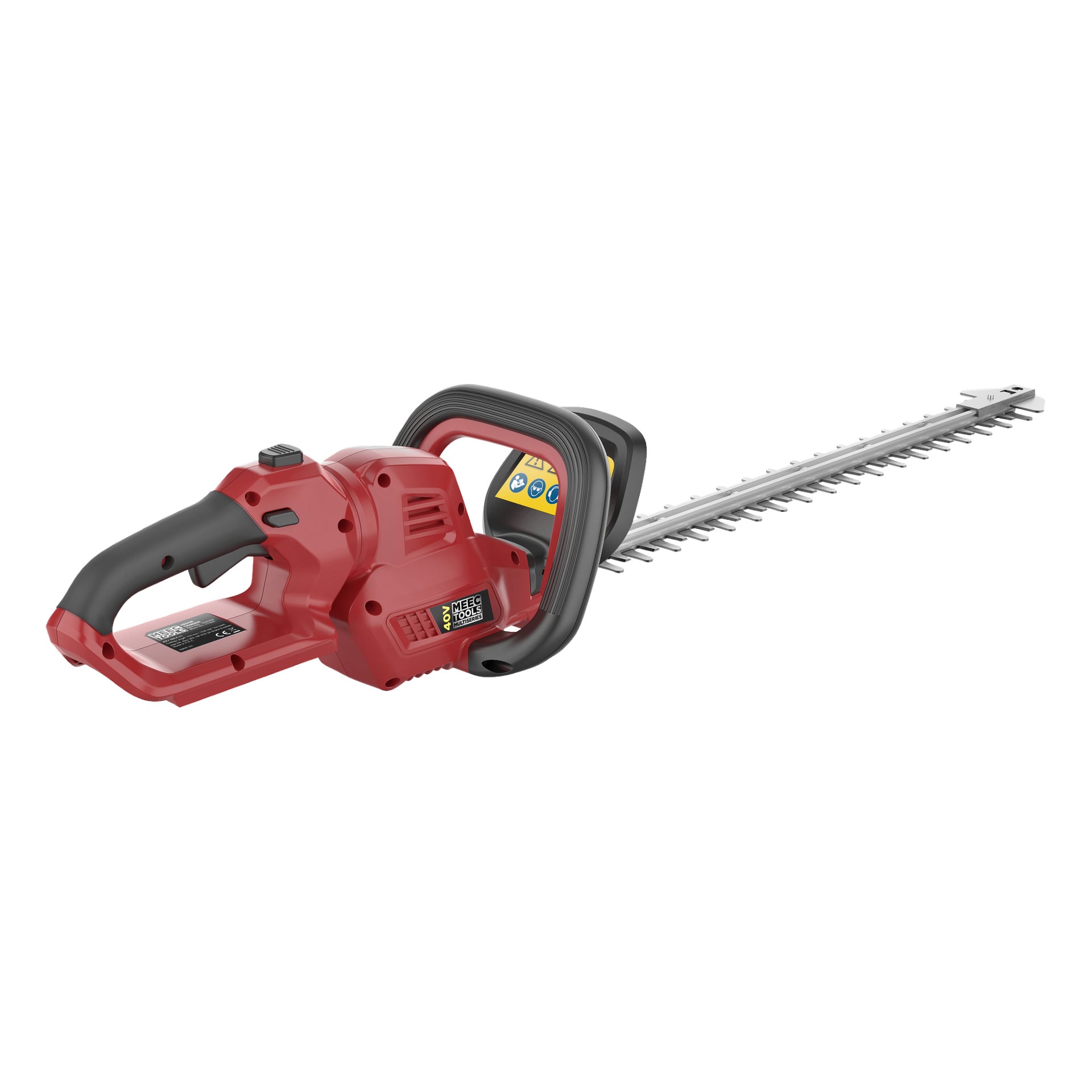 En Meec Tools Multiseries 40 V sladdlös häcksax med röd och svart färgskala, ett långt silverblad, svart handtag och säkerhetsetiketter på skyddet.