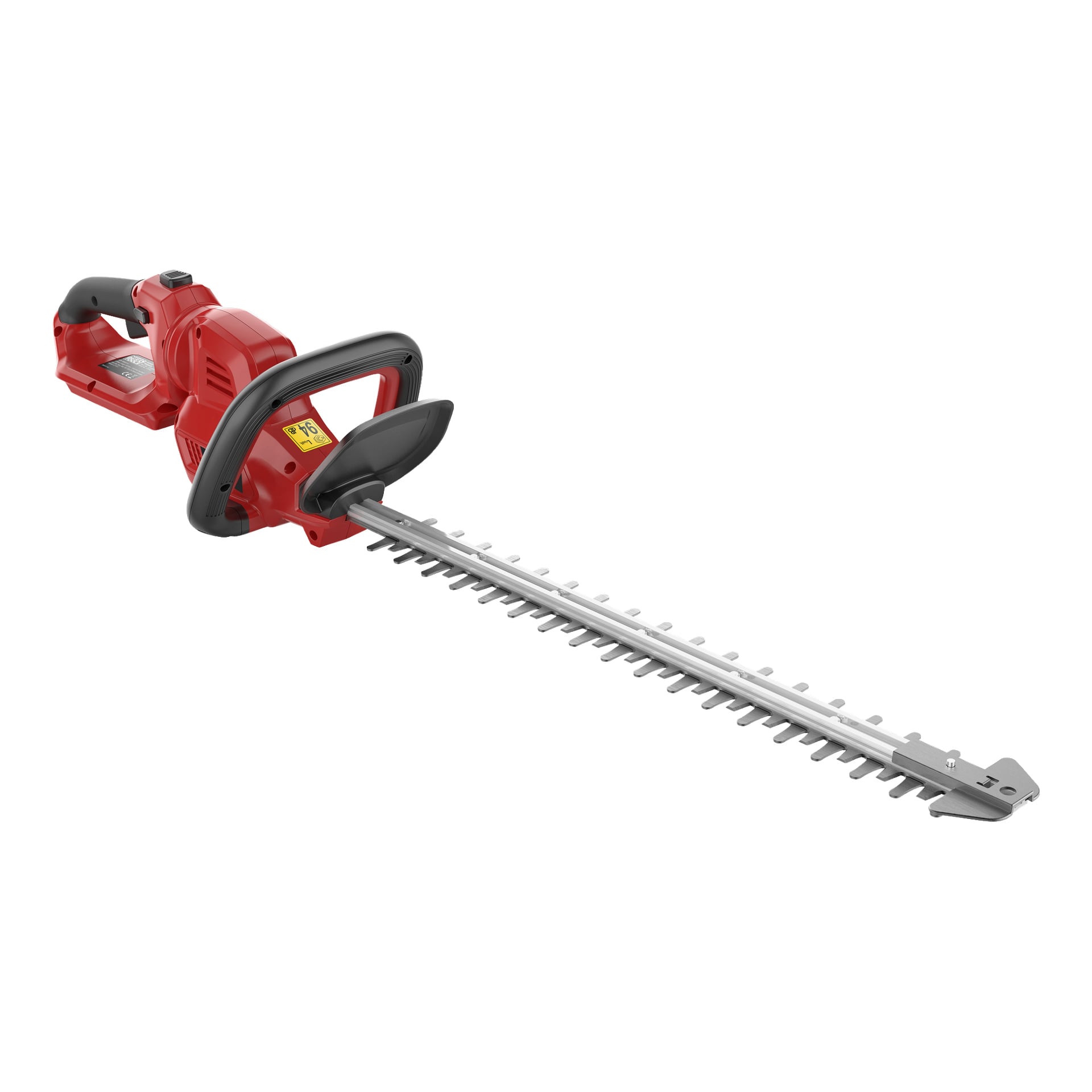 En Meec Tools Multiseries 40 V sladdlös häcksax med ett långt silverblad, skyddande skyddsskydd och röda och svarta ergonomiska handtag.
