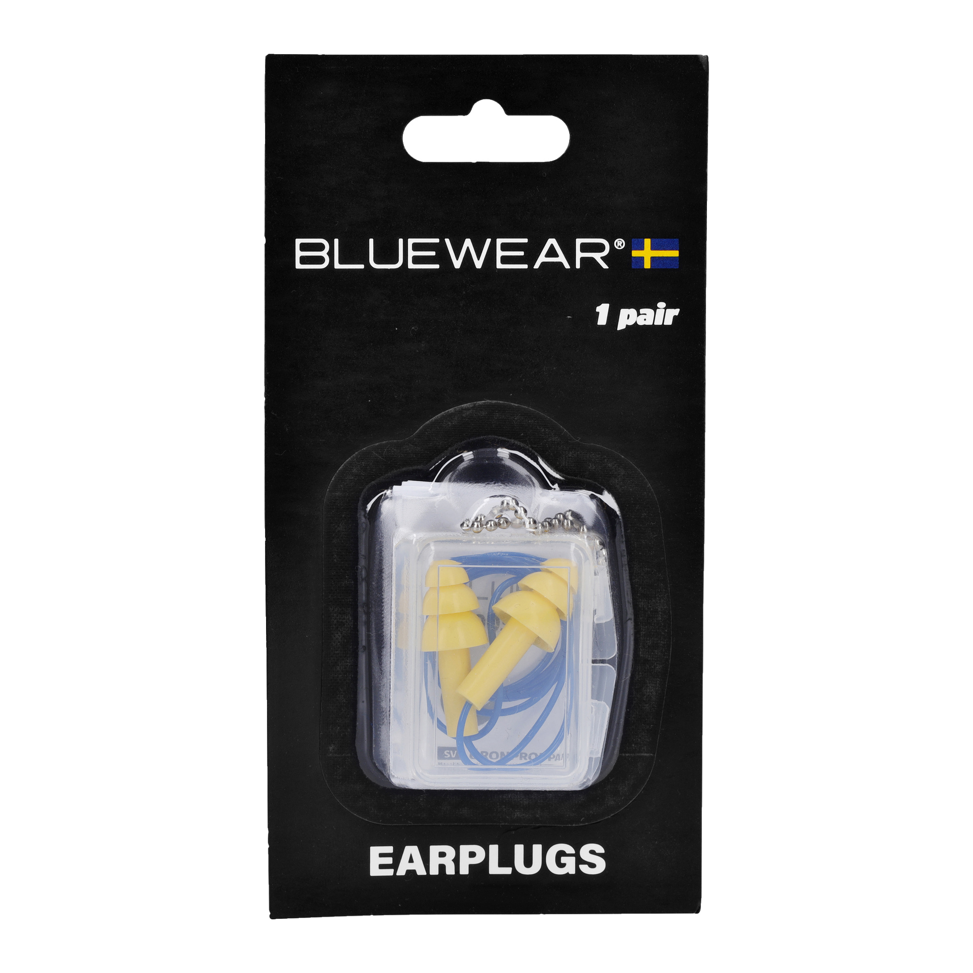 Ein Einzelhandelspaket von Bluewear-Ohrstöpseln enthält ein Paar gelbe Ohrstöpsel mit blauem Kabel, das in einem transparenten Etui untergebracht ist. Die Verpackung zeigt weißen Text und eine kleine schwedische Flagge, alles vor schwarzem Hintergrund.