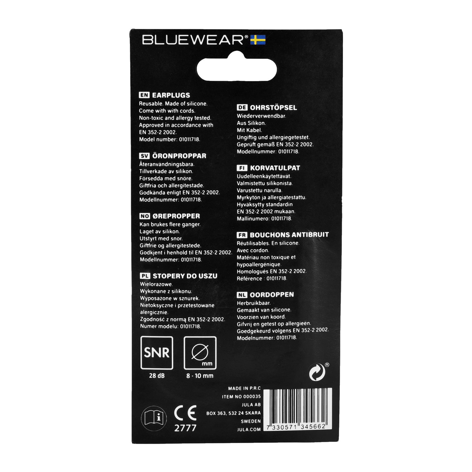 Auf der Rückseite des Bluewear Ohrstöpsel-Pakets stehen Produktinformationen, Anleitungen für die Verwendung in mehreren Sprachen, Spezifikationen und ein Barcode am unteren Rand.