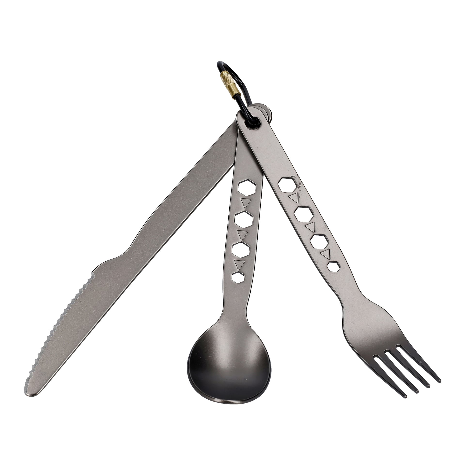 Ett set med tre Kayoba Outdoor Lightweight metallredskap—en kniv, sked och gaffel—var och en med hexagonala utskärningar nära handtagen och förbundna med en liten karbinhake.