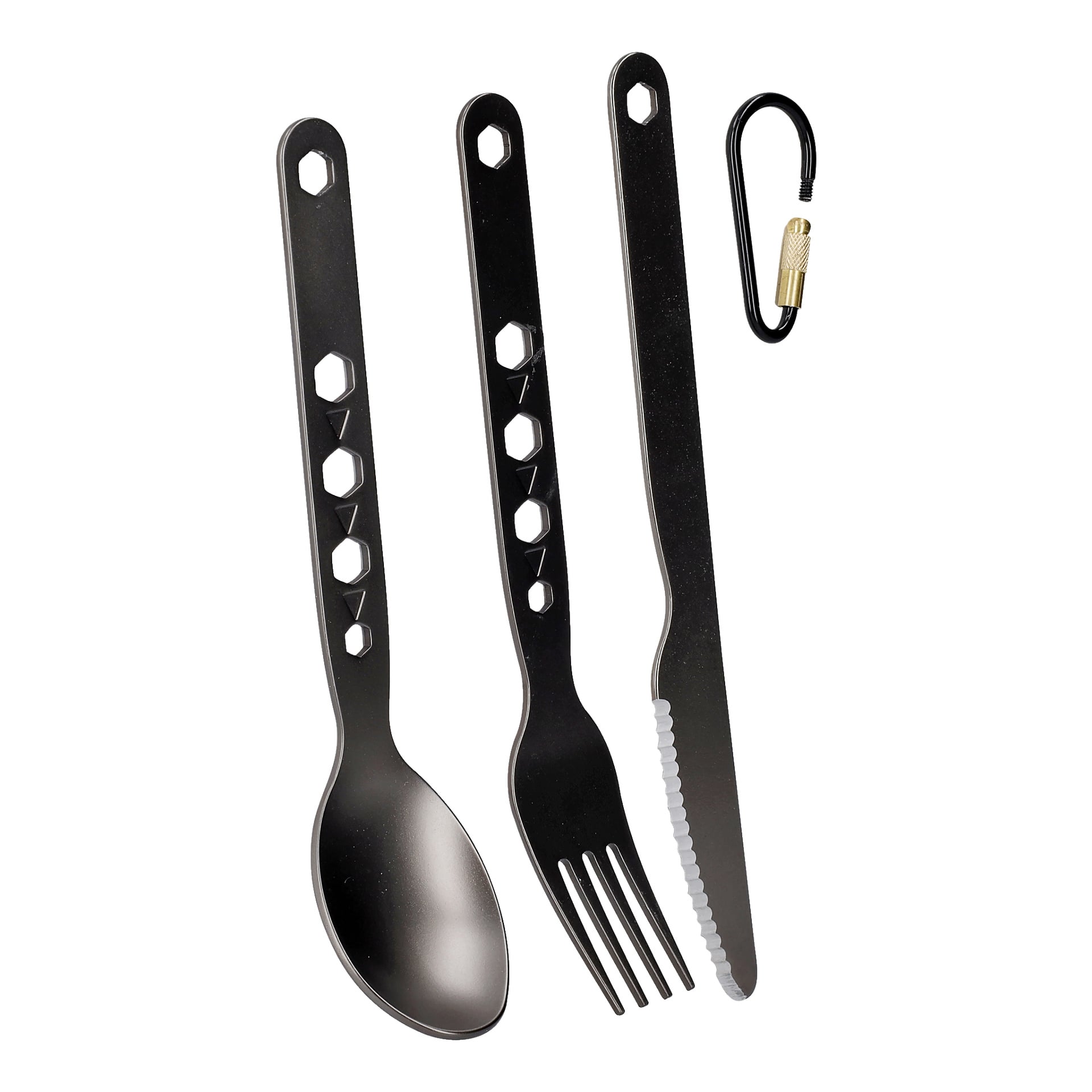 Kayoba Outdoor Lightweight bestickset består av en metallsked, gaffel och kniv med sexkantiga handtagshål, placerade bredvid en kompakt svart karbinhake med ett guldfäste.
