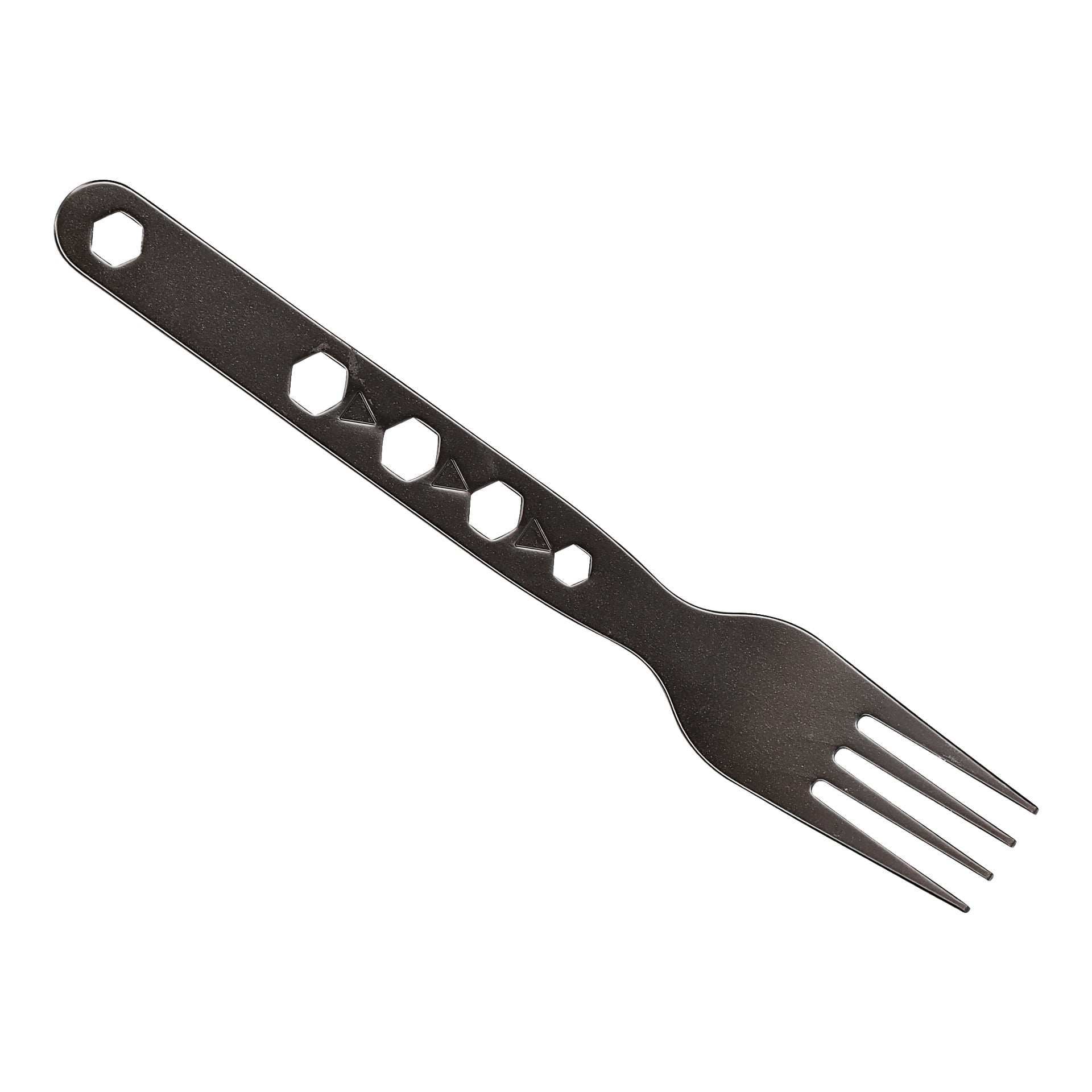 En mörk metallgaffel från Kayoba Outdoor Lightweight tredelade bestickset, designad med ett platt handtag med hexagonala och triangulära öppningar, troligen avsedd för extra multiverktygsanvändning.