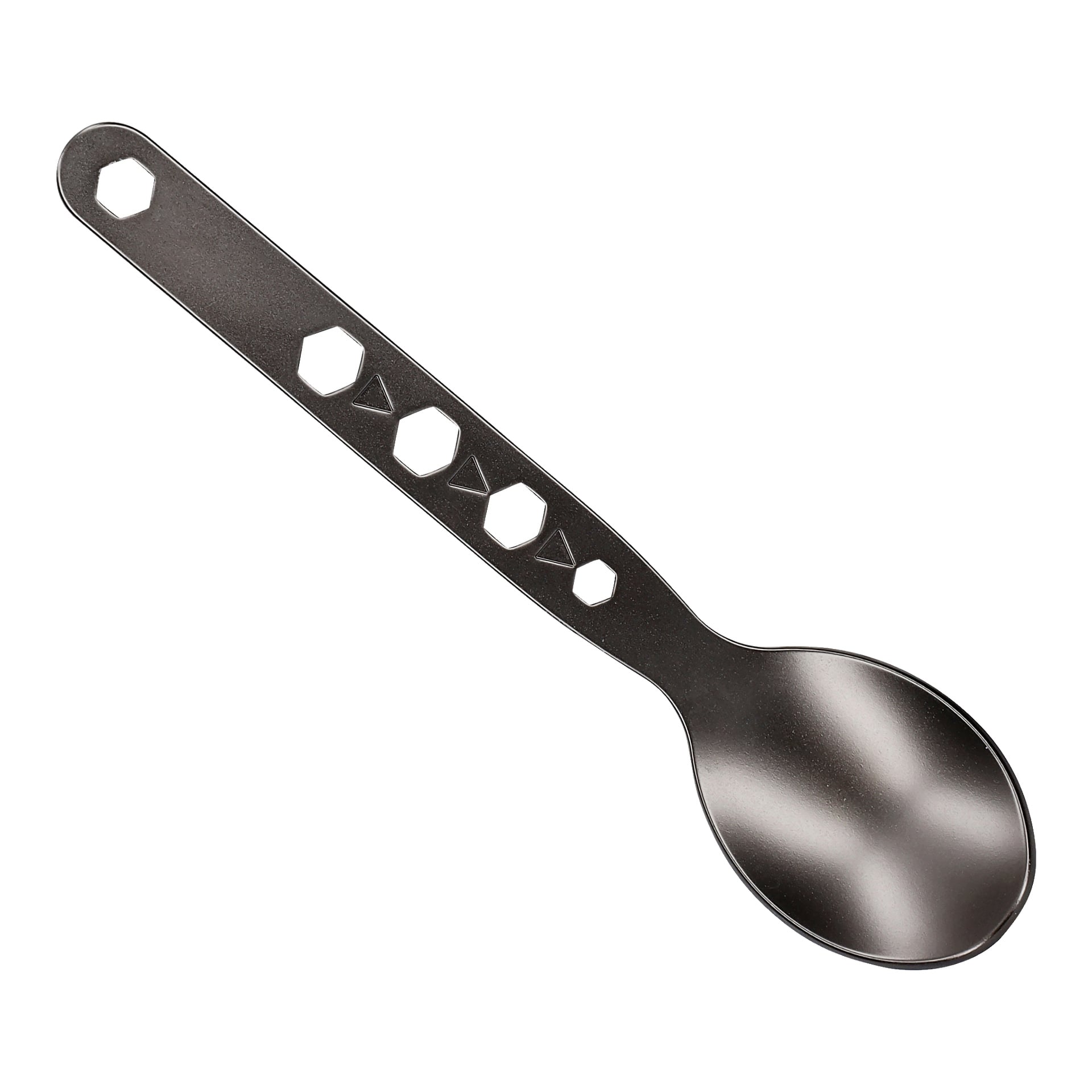 En mörkfärgad sked från Kayoba Outdoor Lightweight Cutlery 3 Pieces-setet har ett handtag dekorerat med geometriska öppningar, inklusive hexagoner, fyrkanter och trianglar, samt ett litet hexagonalt hål nära toppen.