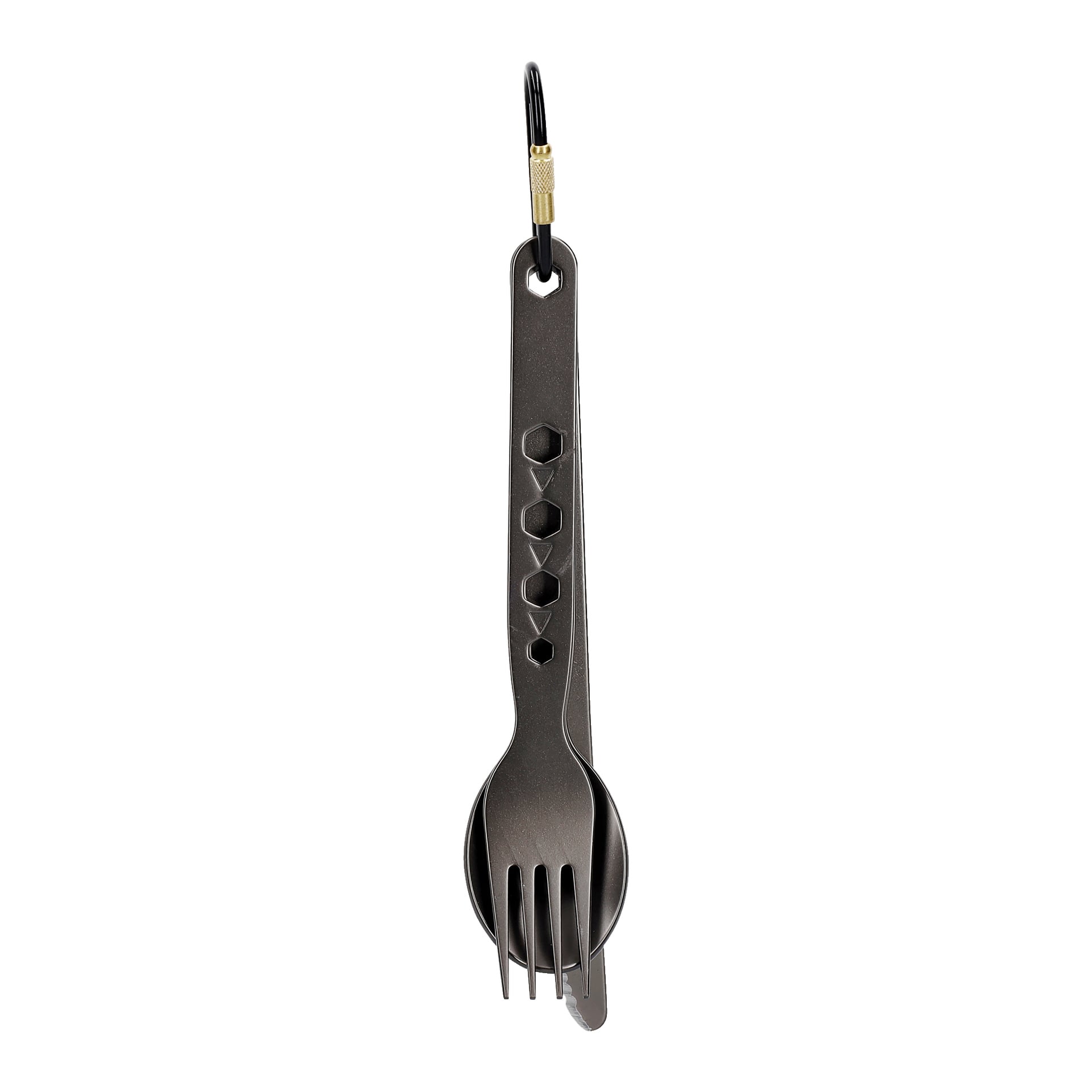 En spork, sked och gaffel från Kayoba Outdoor är prydligt staplade och hålls ihop av en svart karbinhake. Handtagen på varje redskap har geometriskt formade utskärningar.