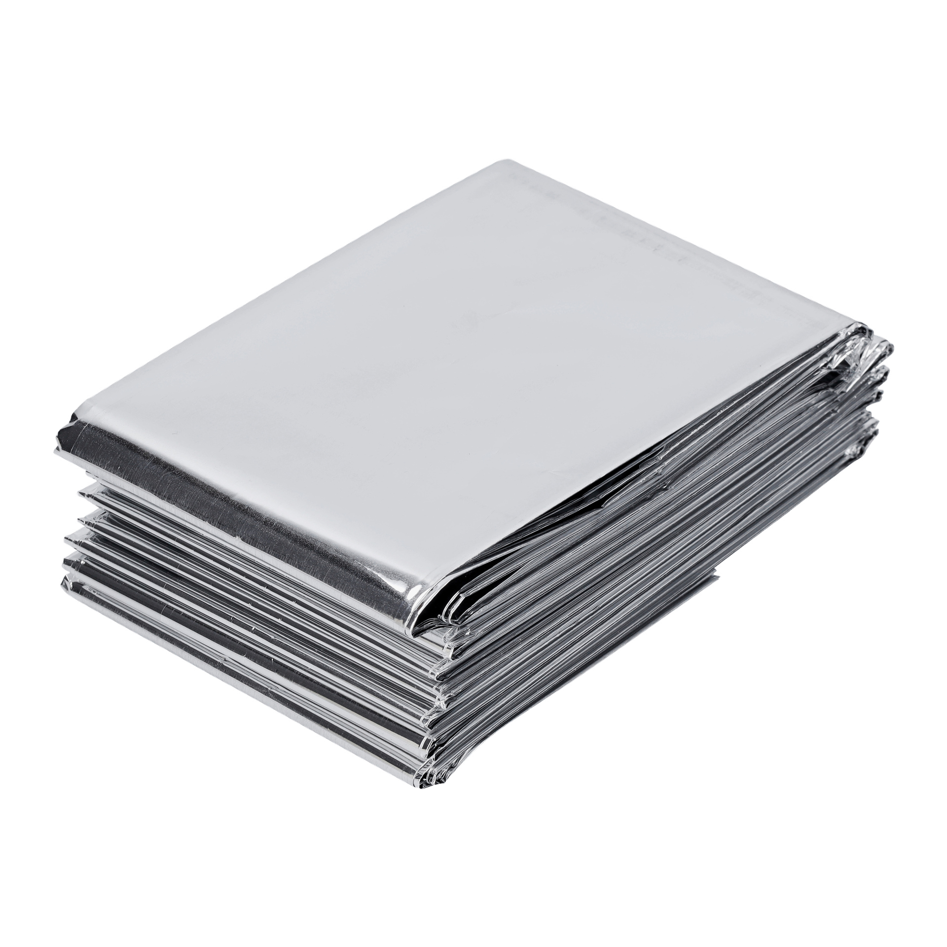 En prydligt vikt Kayoba-nödfilt gjord av reflekterande silvermaterial.