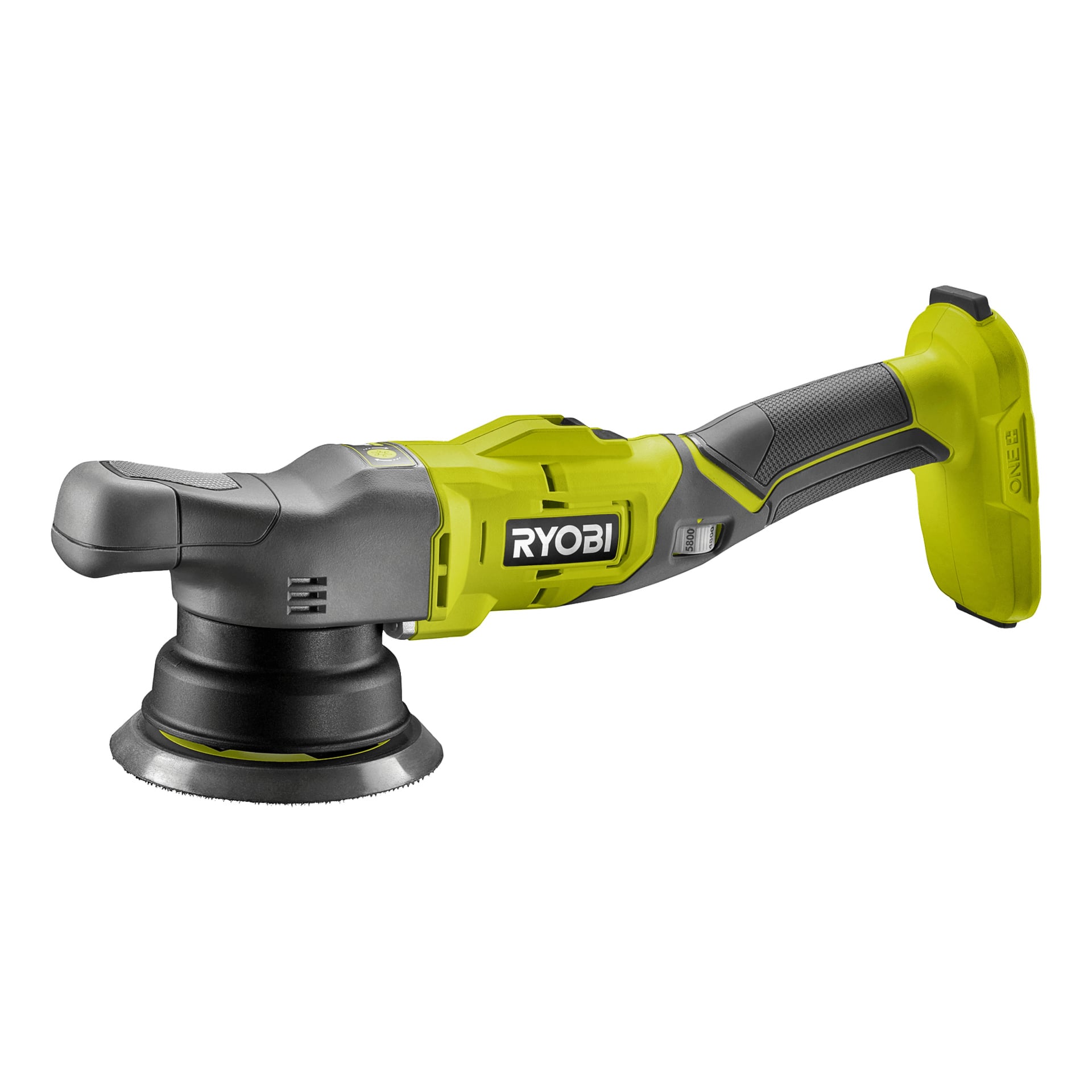 Ett gult och svart Ryobi One+ oscillerande poleringsmaskin R18P-0 sladdlöst elverktyg med ett strukturerat handtagsgrepp och ett exponerat batterifack på handtaget.