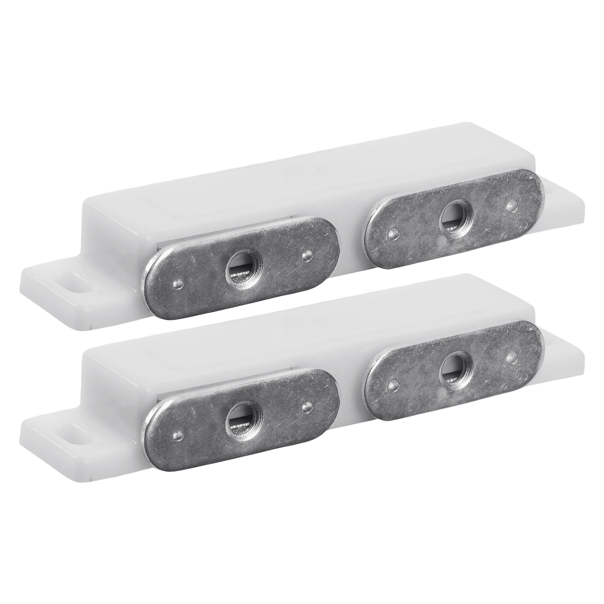 Två matchande Hard Head Magnetic lock dubbelenheter (2-pack) placerade bredvid varandra. Varje vit, rektangulär spärr har integrerade metallplattor, förborrade hål för montering och två metallkontakter som är utformade för att hålla dörrar eller skåp ordentligt stängda.