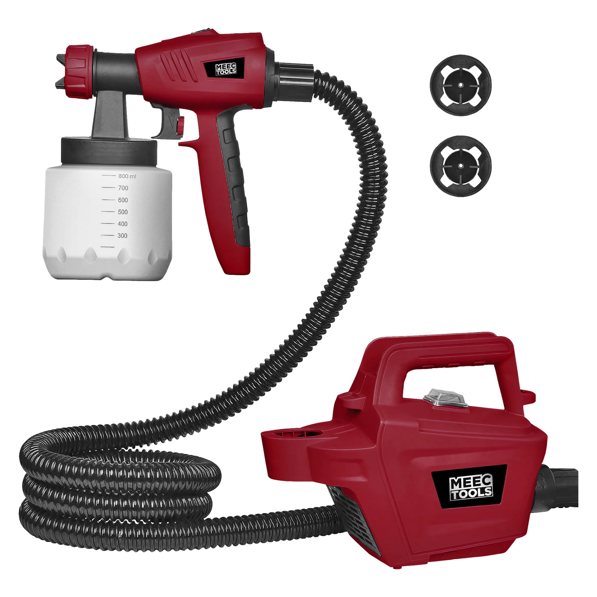 En röd Meec Tools spraypistol med avtryckarhandtag, avtagbar färgbehållare, flexibel slang, huvudmotorenhet märkt med namnet Meec Tools och två runda munstycken.
