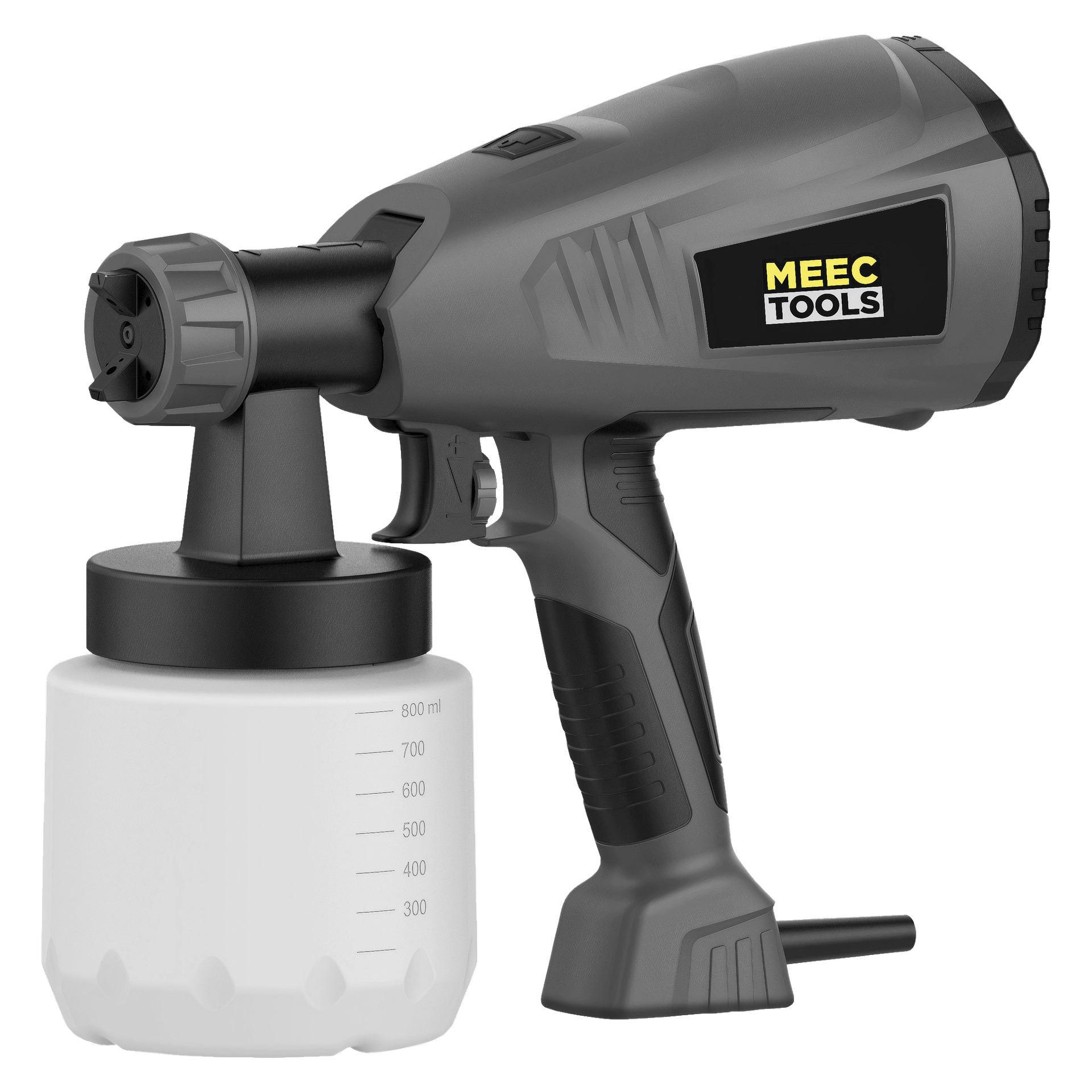 En grå Meec Tools spraypistol med svart handtag och avtryckare är fäst vid en vit färgbehållare märkt med volymmått från 100 ml till 800 ml.