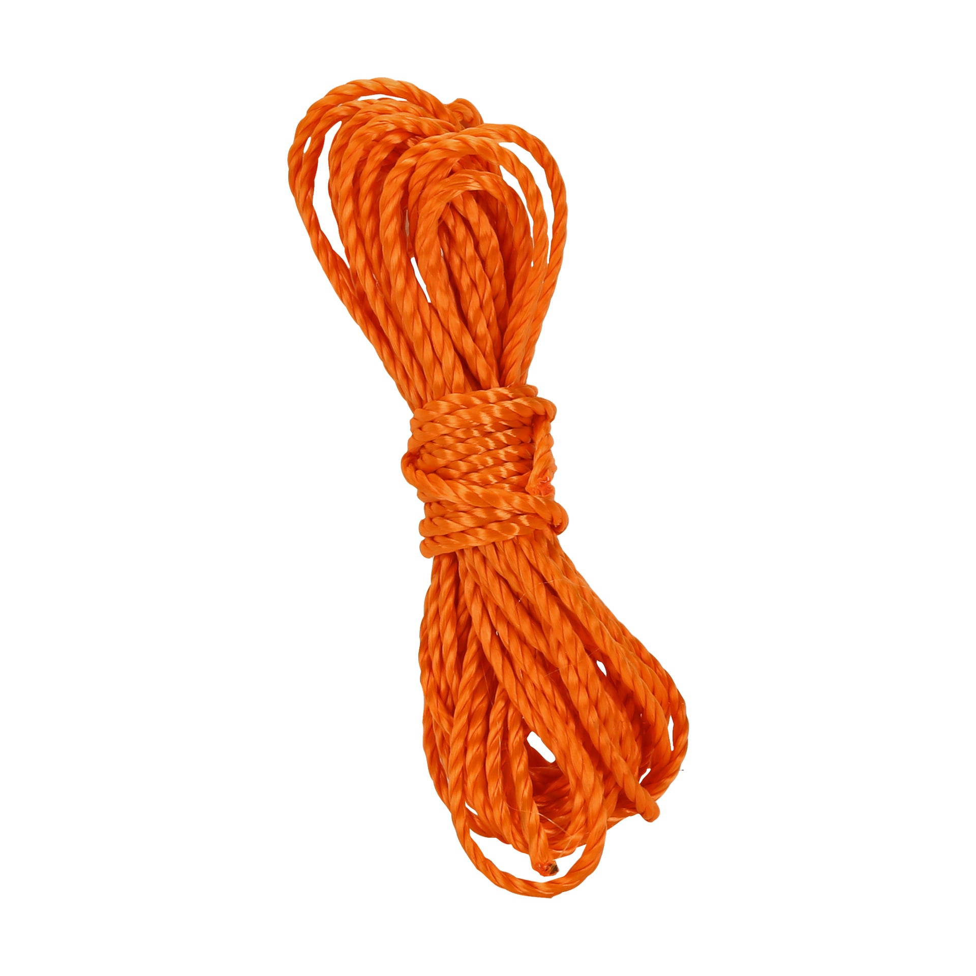 Ett livfullt orange, tvinnat polyestersnöre från Hard Head är prydligt lindat och knutet i mitten.