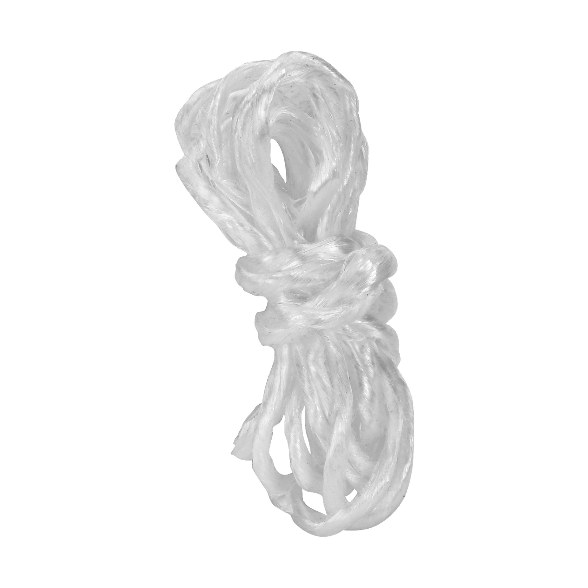 En bunt med gjennomsiktig hvit plast Hard Head Tieing-snor er løst bundet i midten, endene krøllet og teksturen glatt, merket Hard Head Tieing-snor.