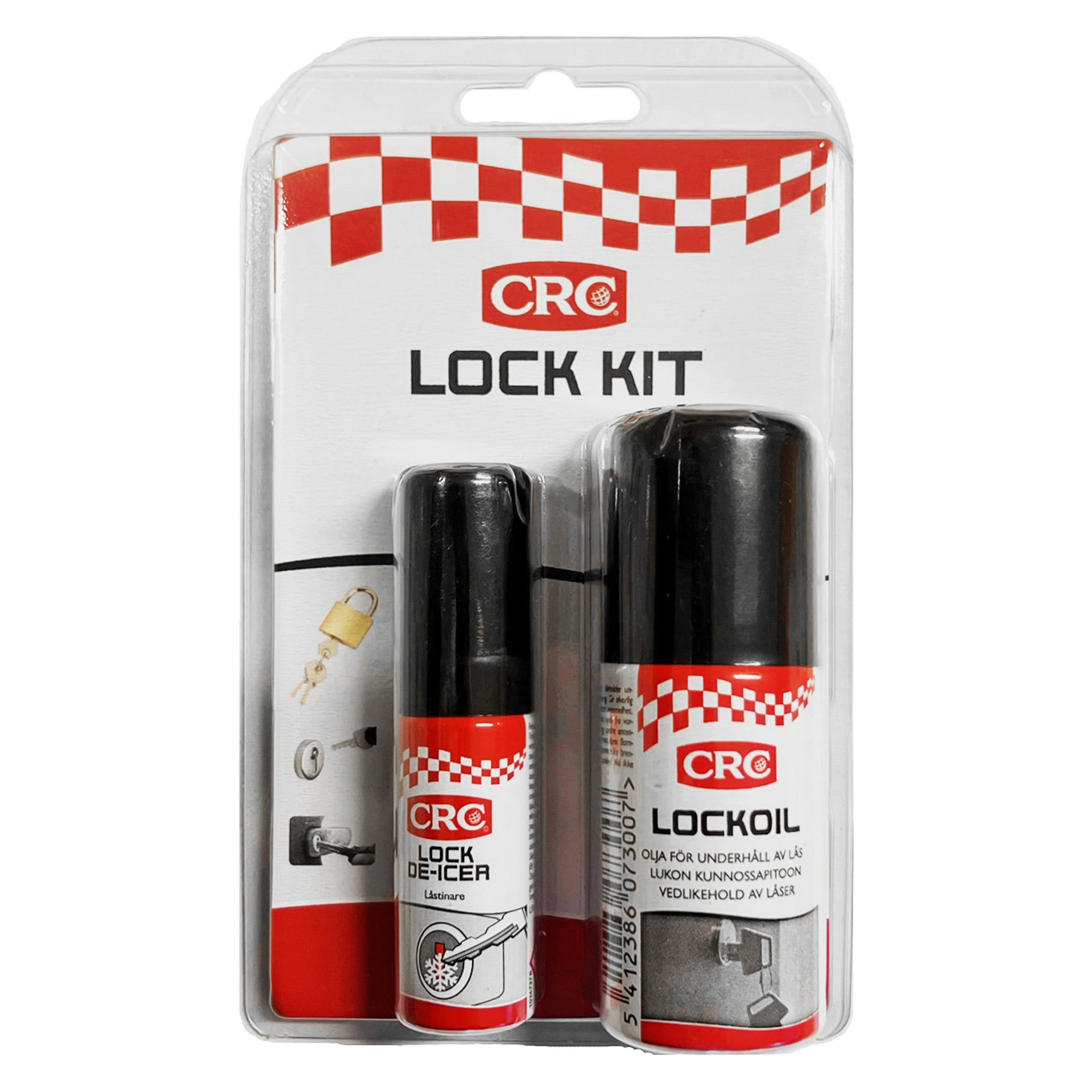 Ett butiksset med två röda och vita flaskor: en liten Lock De-icer och en större Lockoil för lås.