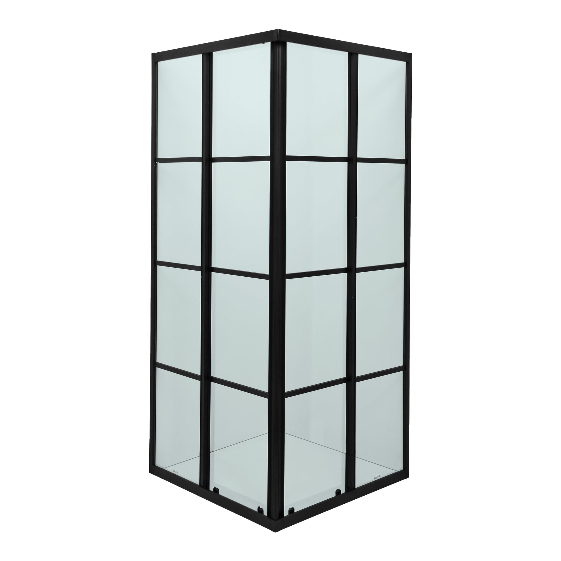 En EKVIP svart hjørnedusj med skyvedører, laget av glass og metall med svarte rutenettlinjer, er vinklet slik at begge sider og basen vises.