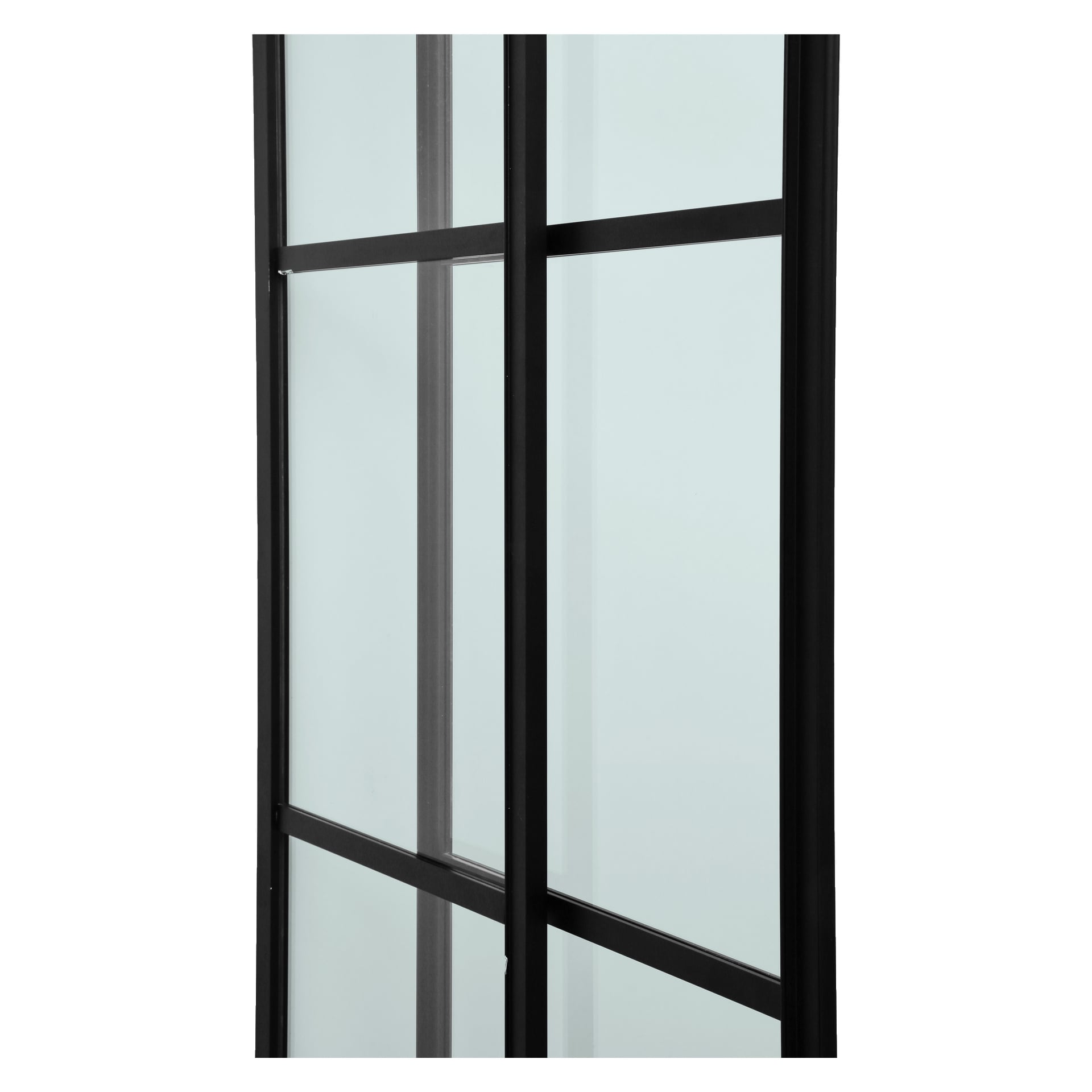 En detaljert visning av EKVIP Black hjørnedusj med skyvedører, med svarte metallrammer som deler glasset inn i rektangler. Fokuset er på hvor rammene møtes i hjørnet, og myke blå nyanser kommer frem gjennom glasset.