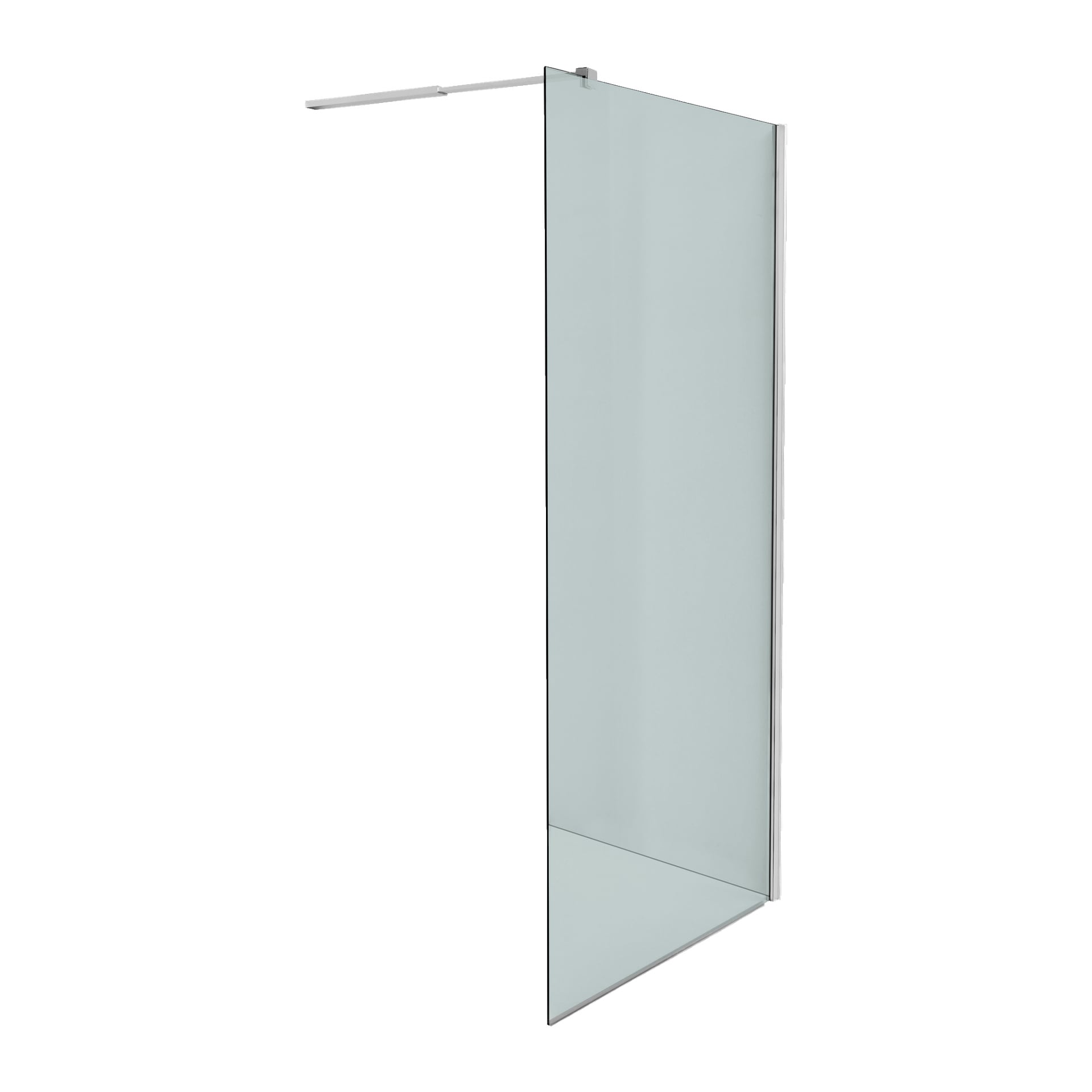En ramlös klar glasskärm EKVIP Shower med en metallstödsstång upptill, avsedd för vertikal installation som ett delvis duschkabinett.