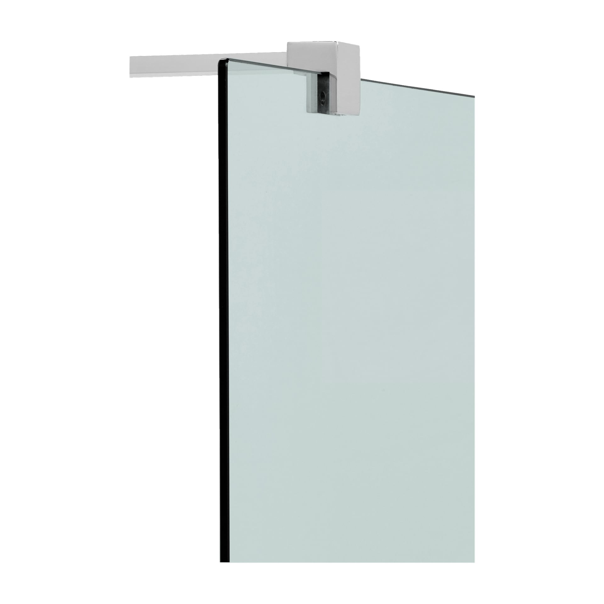 En detaljerad vy av det övre hörnet av en EKVIP Shower-skärm, som framhäver dess svagt blåtonade genomskinliga glas som hålls på plats av ett slankt silverfärgat metallfäste med en skruv synlig på insidan.
