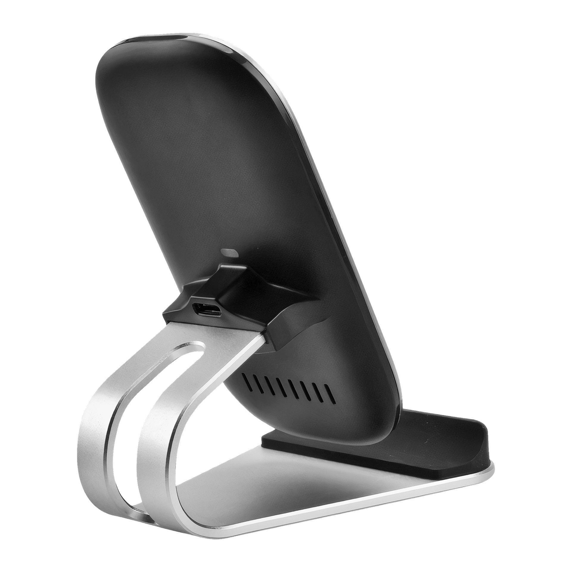 Den svarta och silverfärgade Anslut Wireless-laddaren syns bakifrån, med en slitsad ventil, USB-port och en böjd metallbas.