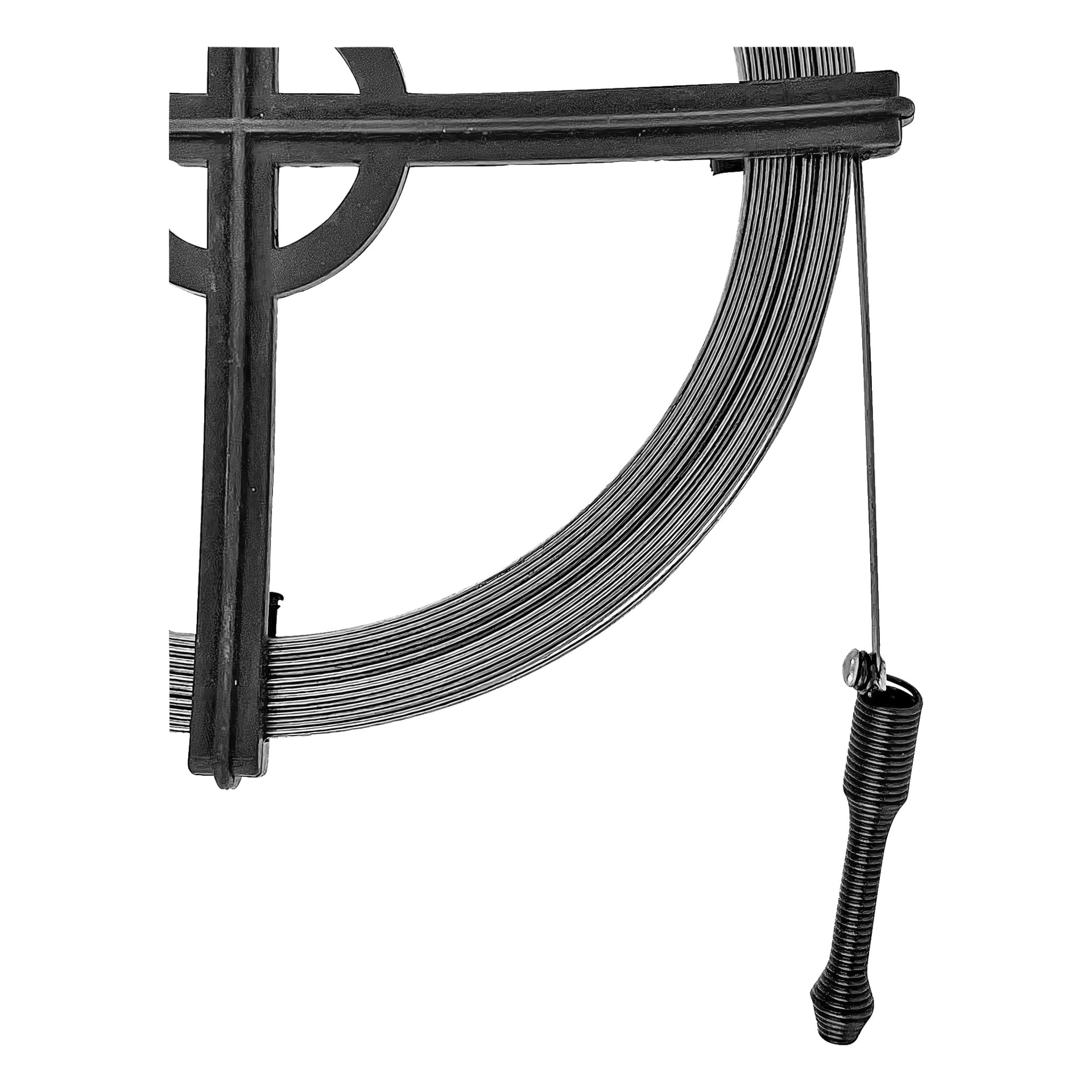 En hard head rengjøringsstang med svart håndtak og en delvis synlig spiralet metallkabel, med kun en del av spolen og håndtaket synlig.