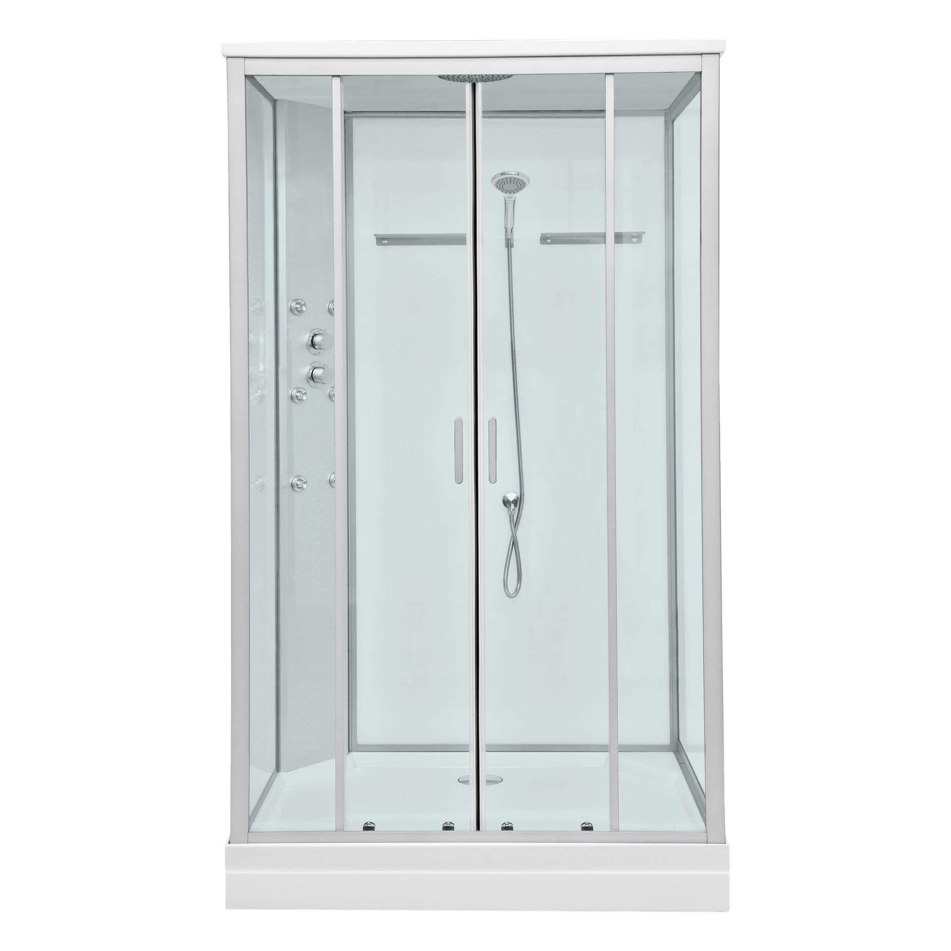 EKVIP Shower Cubicle har et minimalistisk utseende, utstyrt med skyvedører i glass, flere sidedyser, et avtakbart håndholdt dusjhode og et dusjhode i regnstil i taket.