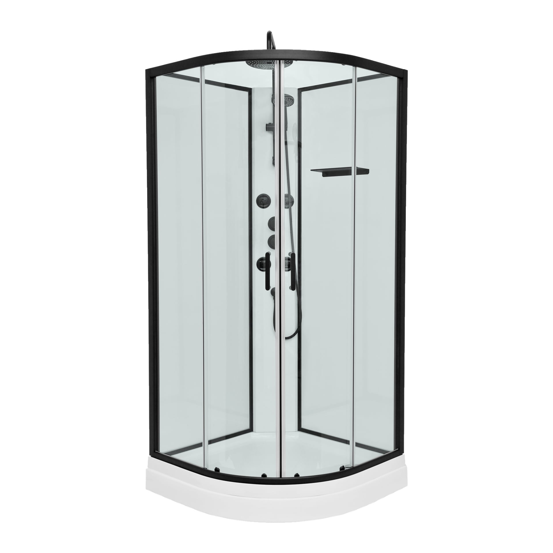 EKVIP Shower Cubicle med overhead-dusj har klare glassvegger, en elegant svart ramme, en hvit base, overliggende og håndholdte dusjhoder, en kompakt hylle og innebygde kontrollknapper.