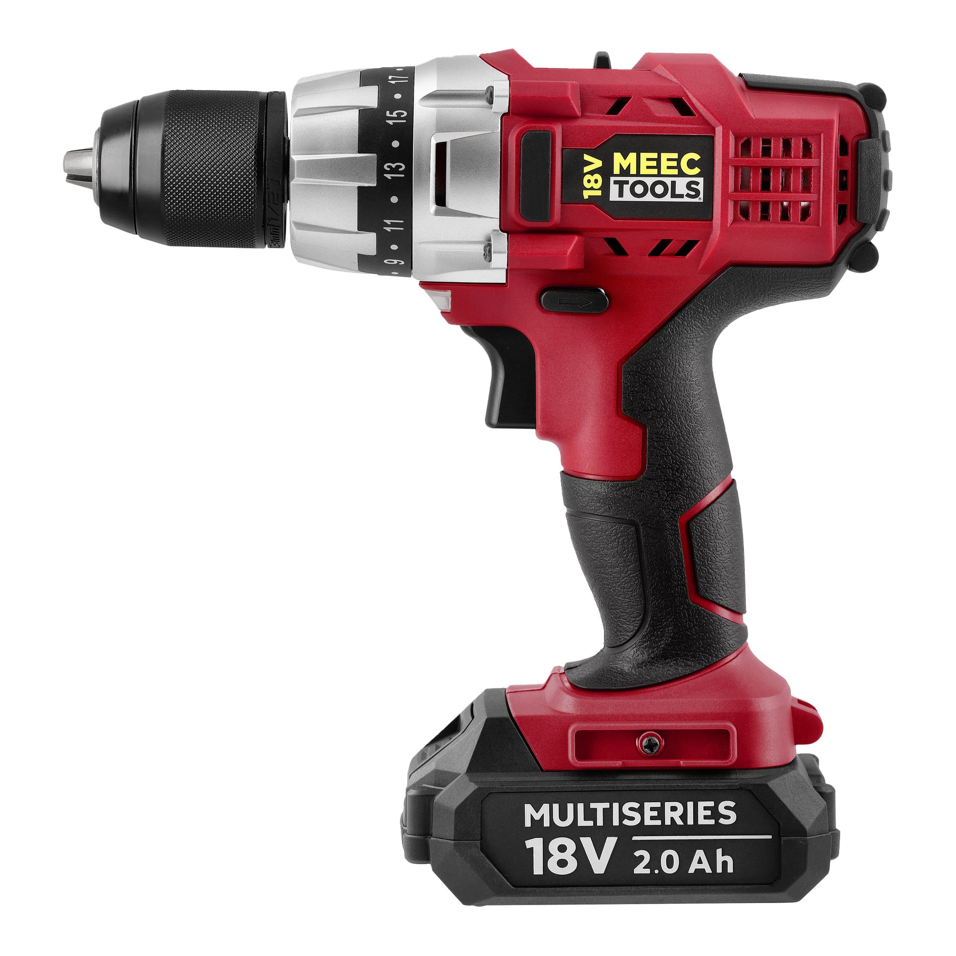 Rött och svart skruvmejsel med svart handtag, justerbart vridmoment och MEEC TOOLS 18V MULTISERIES 2.0 Ah-batteri visas i sidovy.