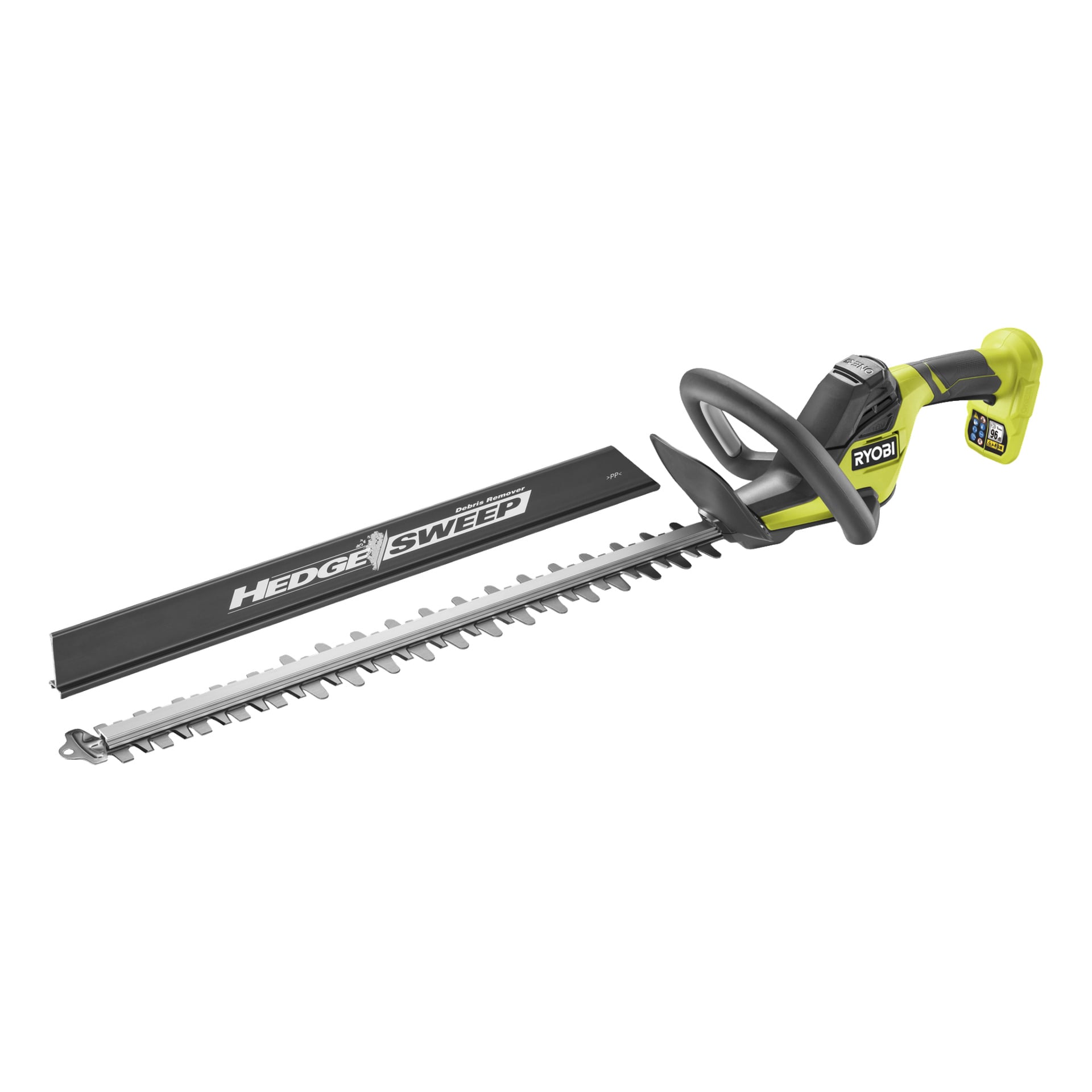 En Ryobi One+ RY18HT55A-0 batteridriven häcksax med svart och grönt handtag, synligt blad och en svart häcksveparanordning placerad bredvid.