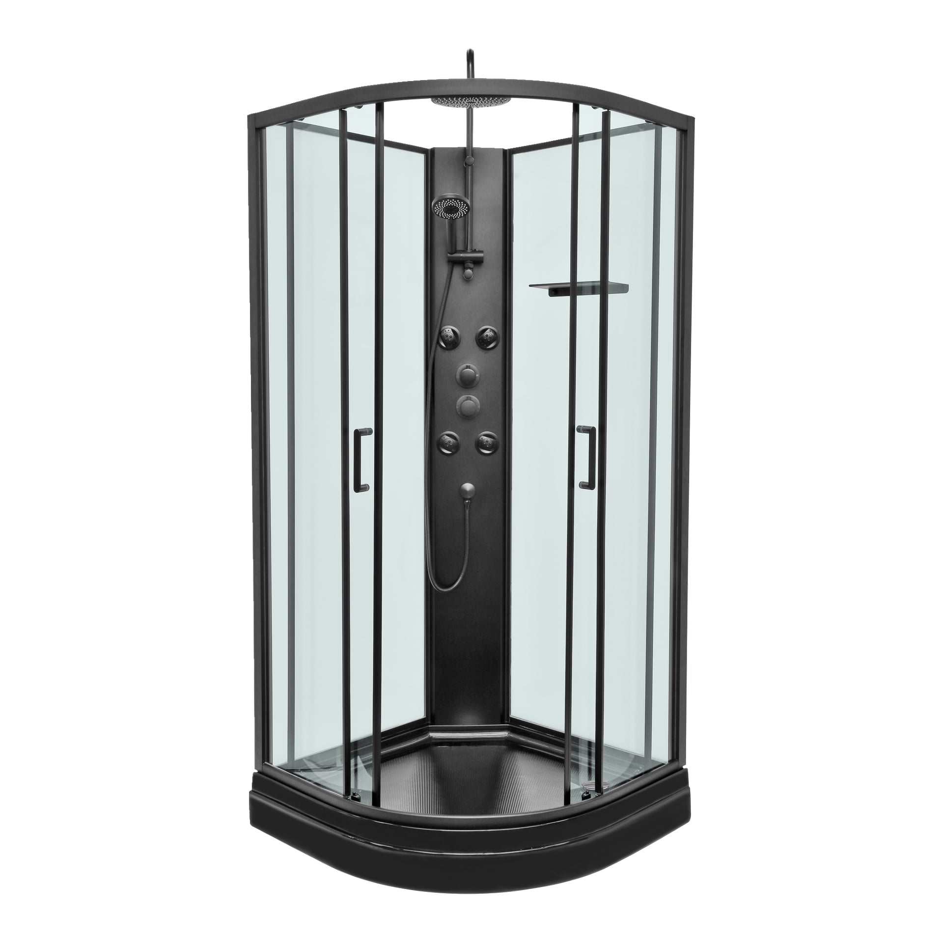 Moderne EKVIP svart dusjkabin i hjørnedesign, vist med en stilig svart ramme, klare glasssider, buet front og svart base. Funksjoner inkluderer skyvedører, overliggende regndusj, kroppsdyser, håndholdt dusjhode og en kompakt hylle inni.