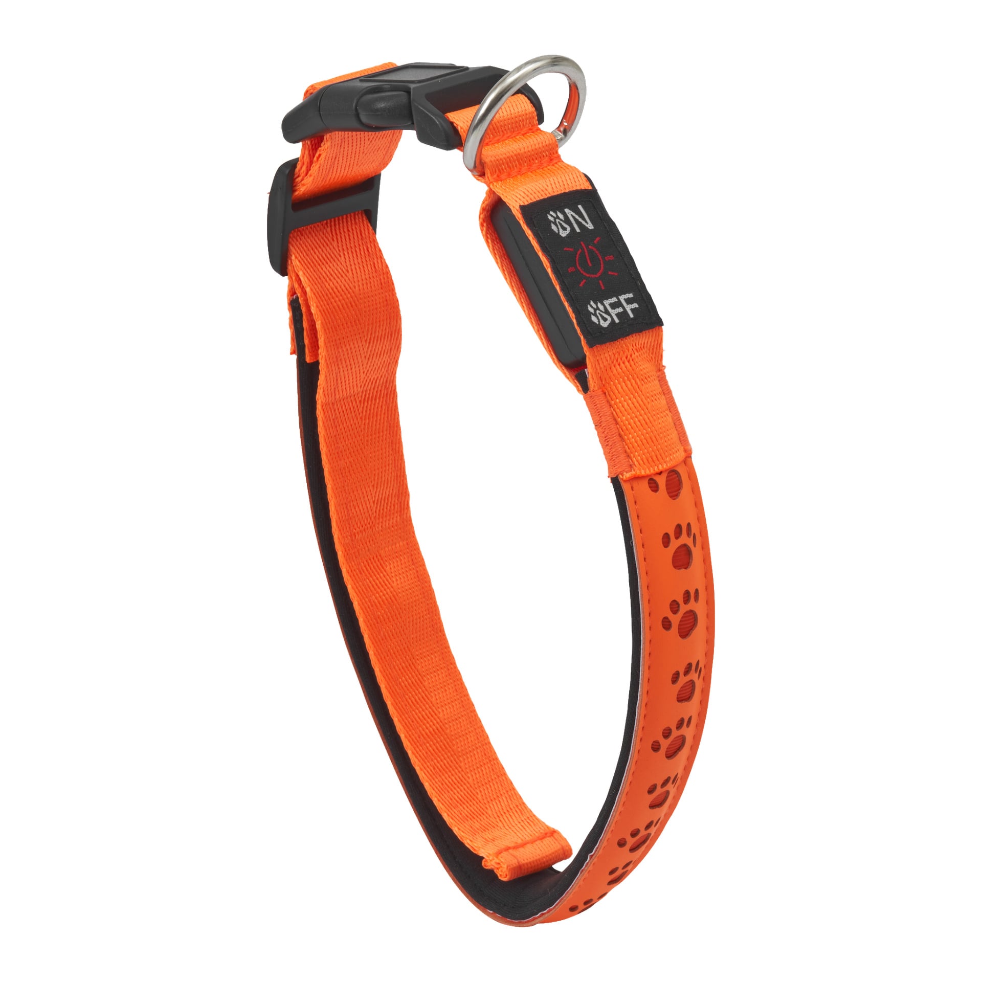 Kayoban Dog Collar LED on oranssi kaulapanta, jossa on musta muovisolki, metallinen D-rengas ja tassunjäljet. Siinä on ON/OFF-kytkimet ja se voi syttyä.